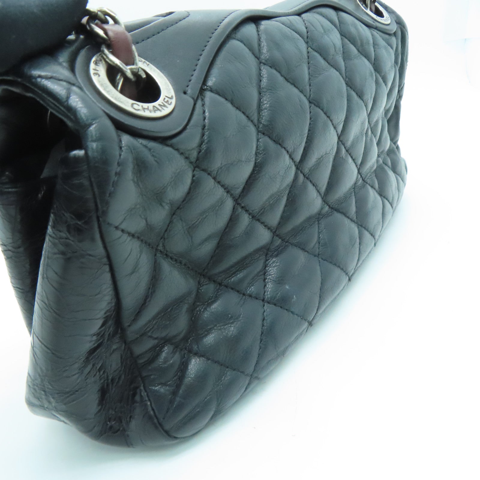CHANEL 菱格牛皮皮革Chain Shoulder Bag银扣链带肩背袋黑色