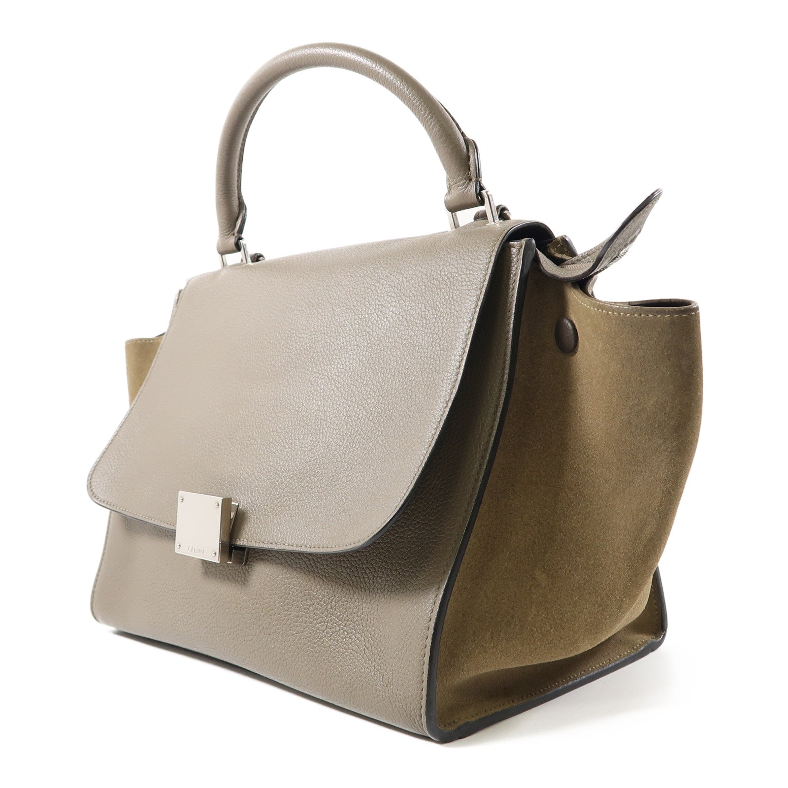 CELINE 牛皮皮革Trapeze銀扣手挽肩背兩用袋灰色/啡色