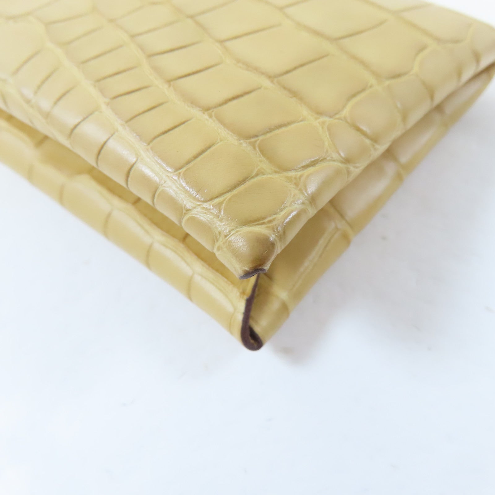 HERMES 鱷魚皮革Calvi Duo銀扣卡片套Jaune Ambre/黃色