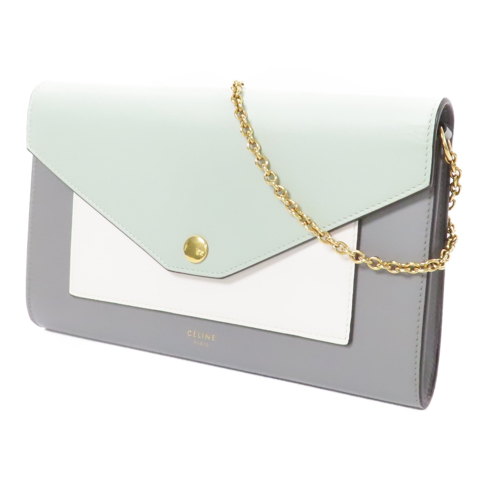 CELINE 牛皮皮革Chain Shoulder Bag金扣鏈帶肩背袋綠色/灰色/白色