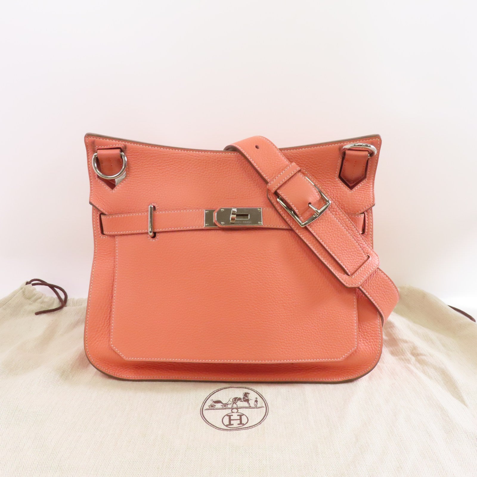 HERMES Clemence皮革Jypsiere 34銀扣肩背袋Crevette/粉紅色