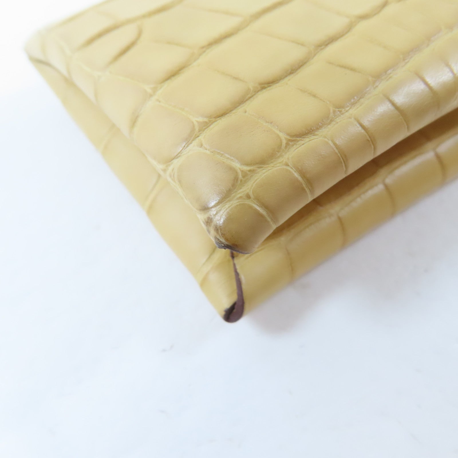 HERMES 鱷魚皮革Calvi Duo銀扣卡片套Jaune Ambre/黃色