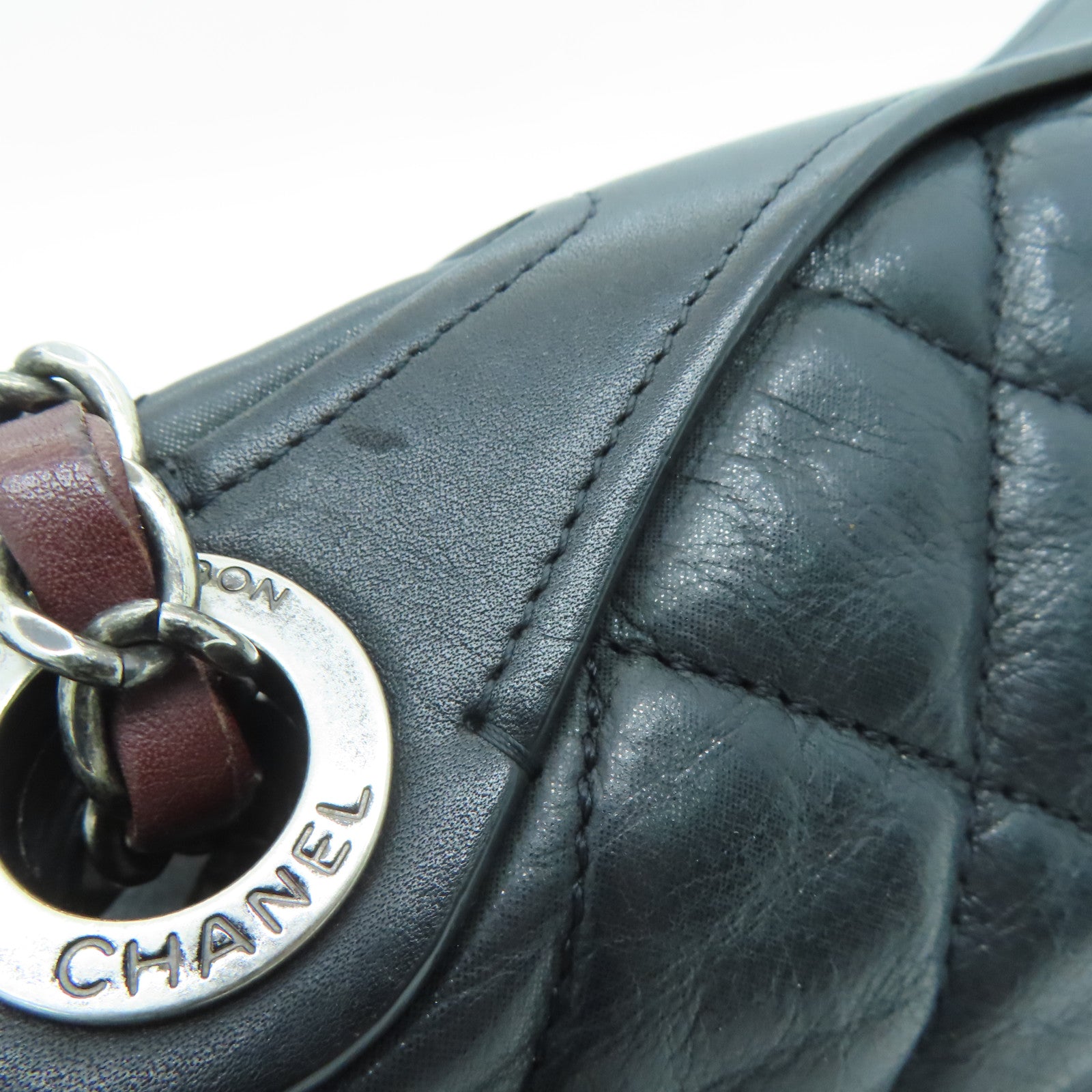 CHANEL 菱格牛皮皮革Chain Shoulder Bag银扣链带肩背袋黑色