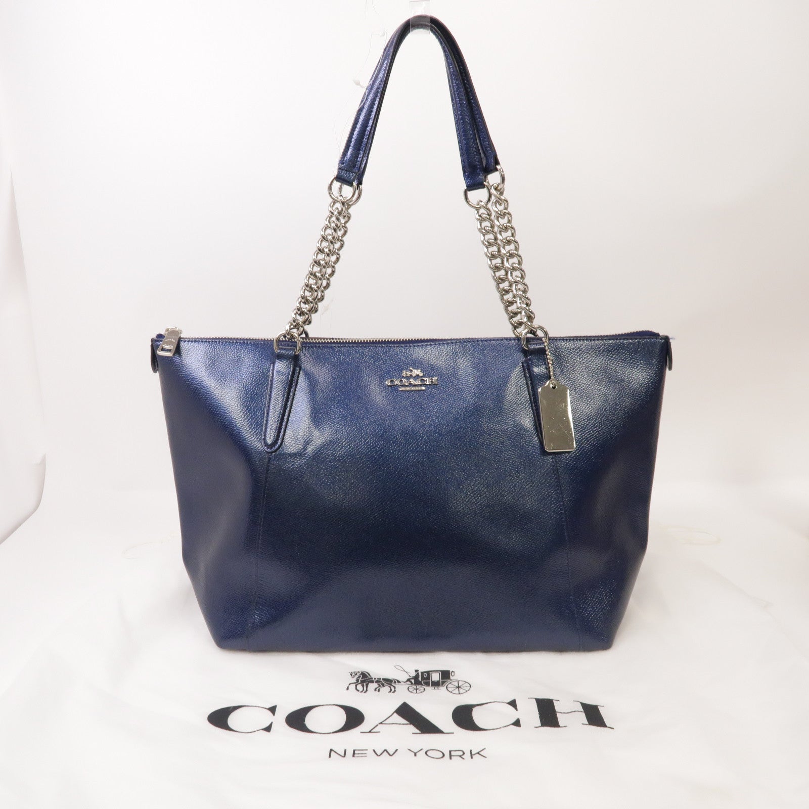 COACH 皮革Tote Bag銀扣手挽袋藍色