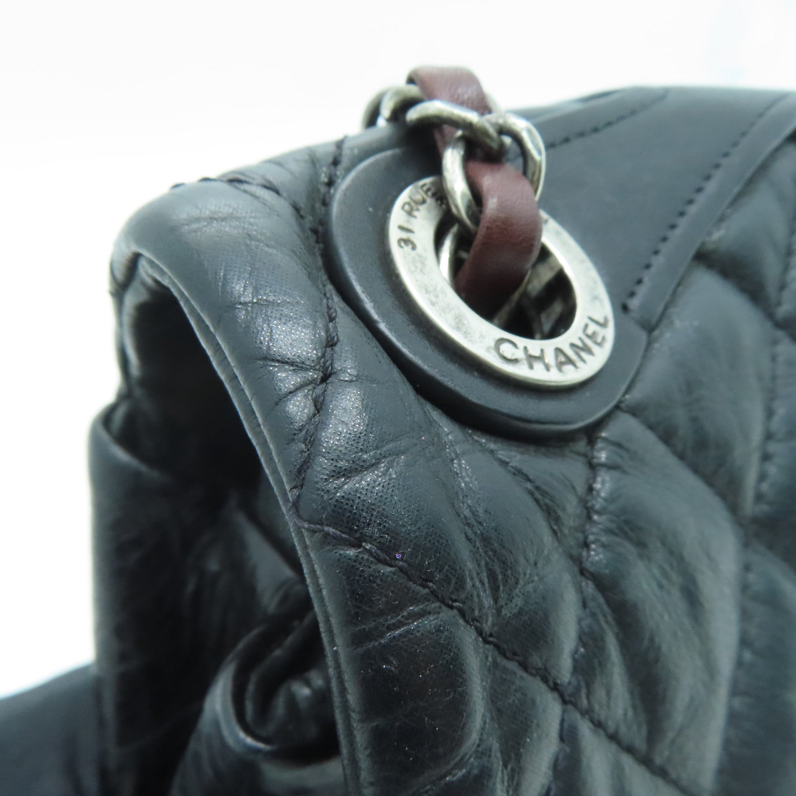 CHANEL 菱格牛皮皮革Chain Shoulder Bag银扣链带肩背袋黑色