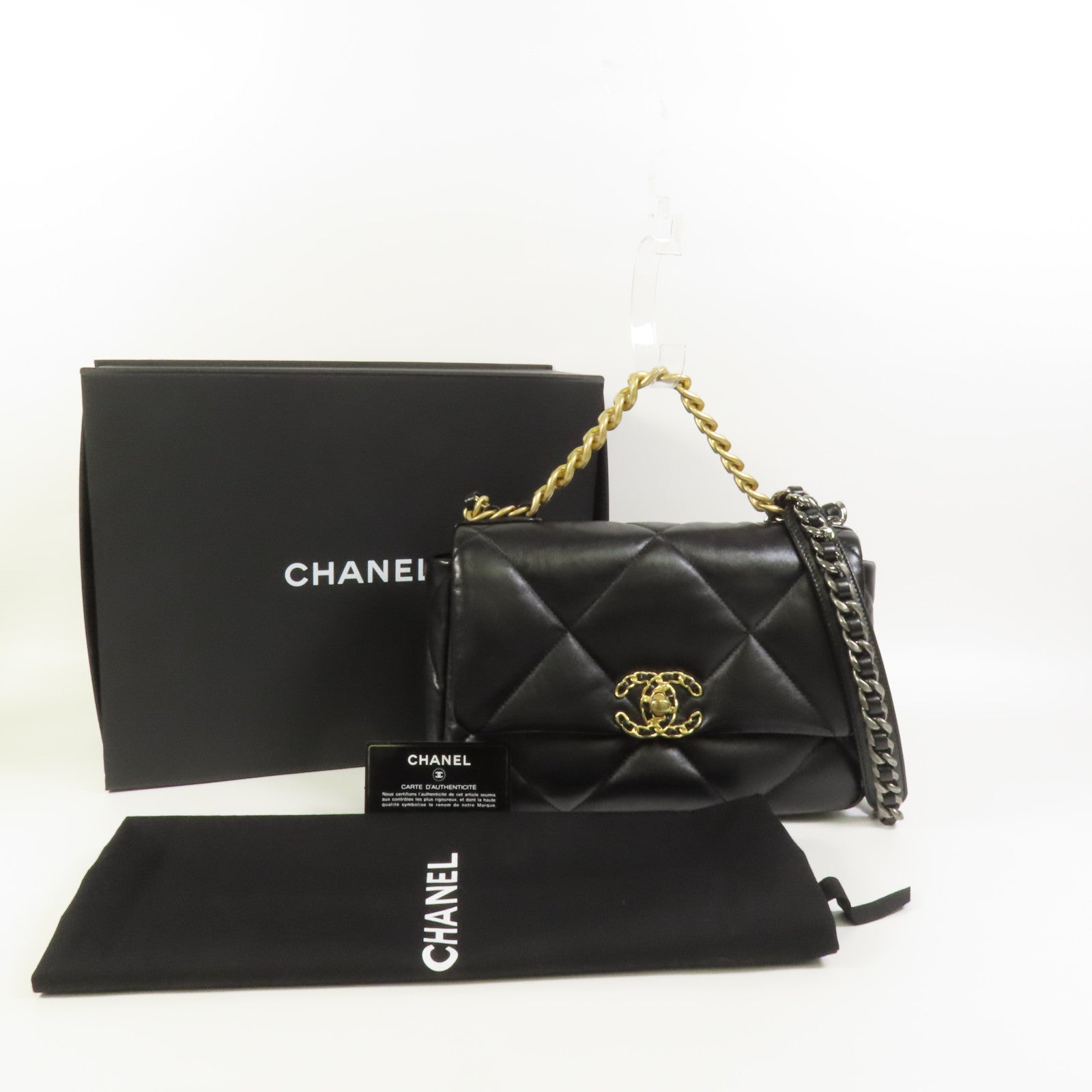 CHANEL 羊皮皮革Chanel 19 Small金扣鏈帶手挽肩背兩用袋