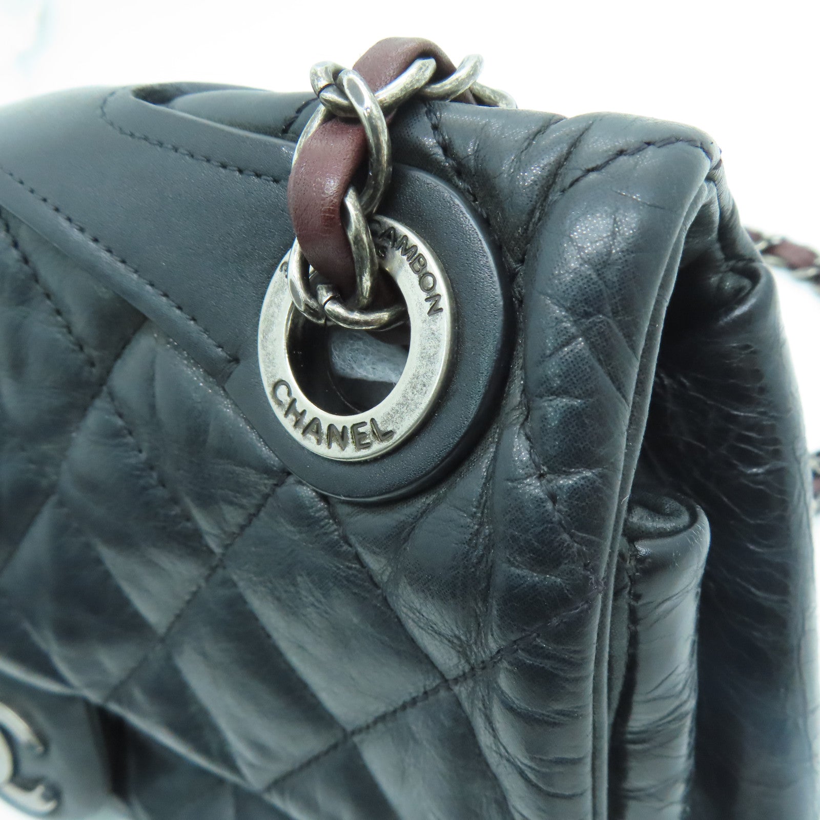 CHANEL 菱格牛皮皮革Chain Shoulder Bag银扣链带肩背袋黑色
