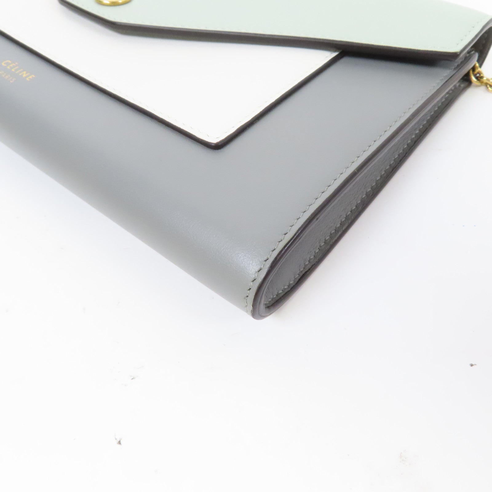 CELINE 牛皮皮革Chain Shoulder Bag金扣鏈帶肩背袋綠色/灰色/白色