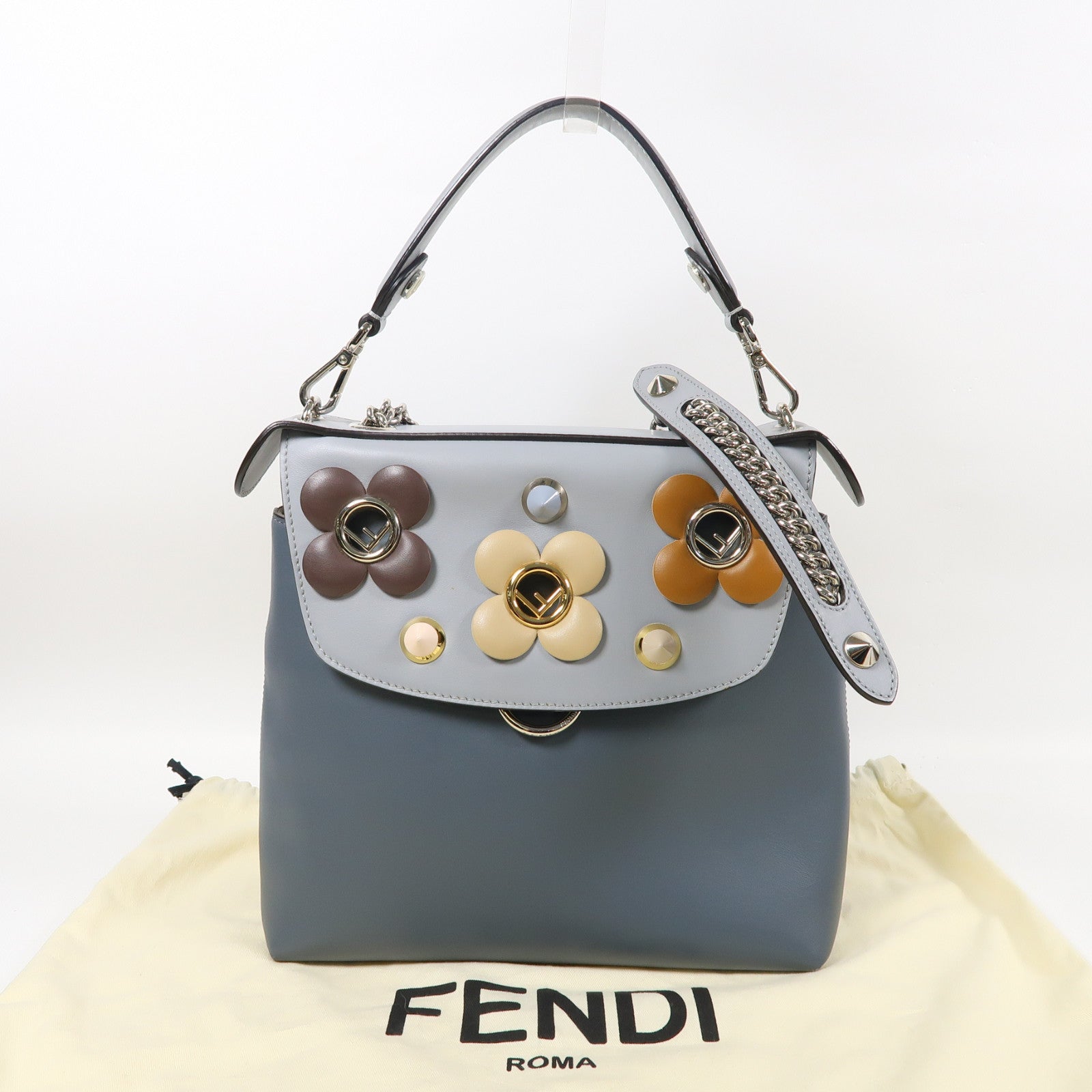 FENDI 【激減優惠】牛皮皮革2 Way Shoulder銀扣手挽肩背兩用袋灰色