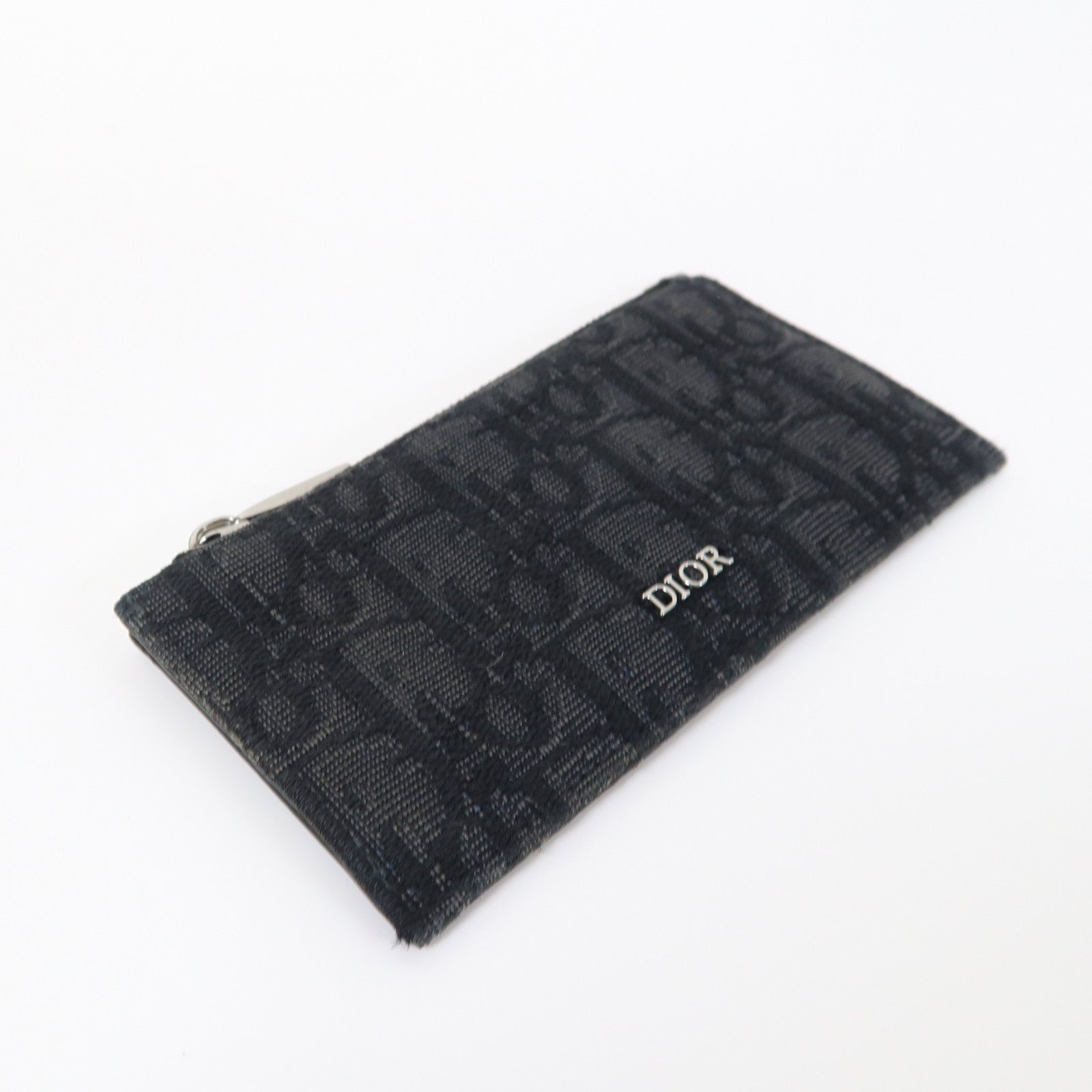 Dior 帆布/牛皮皮革Oblique Card Case銀扣卡片套黑色