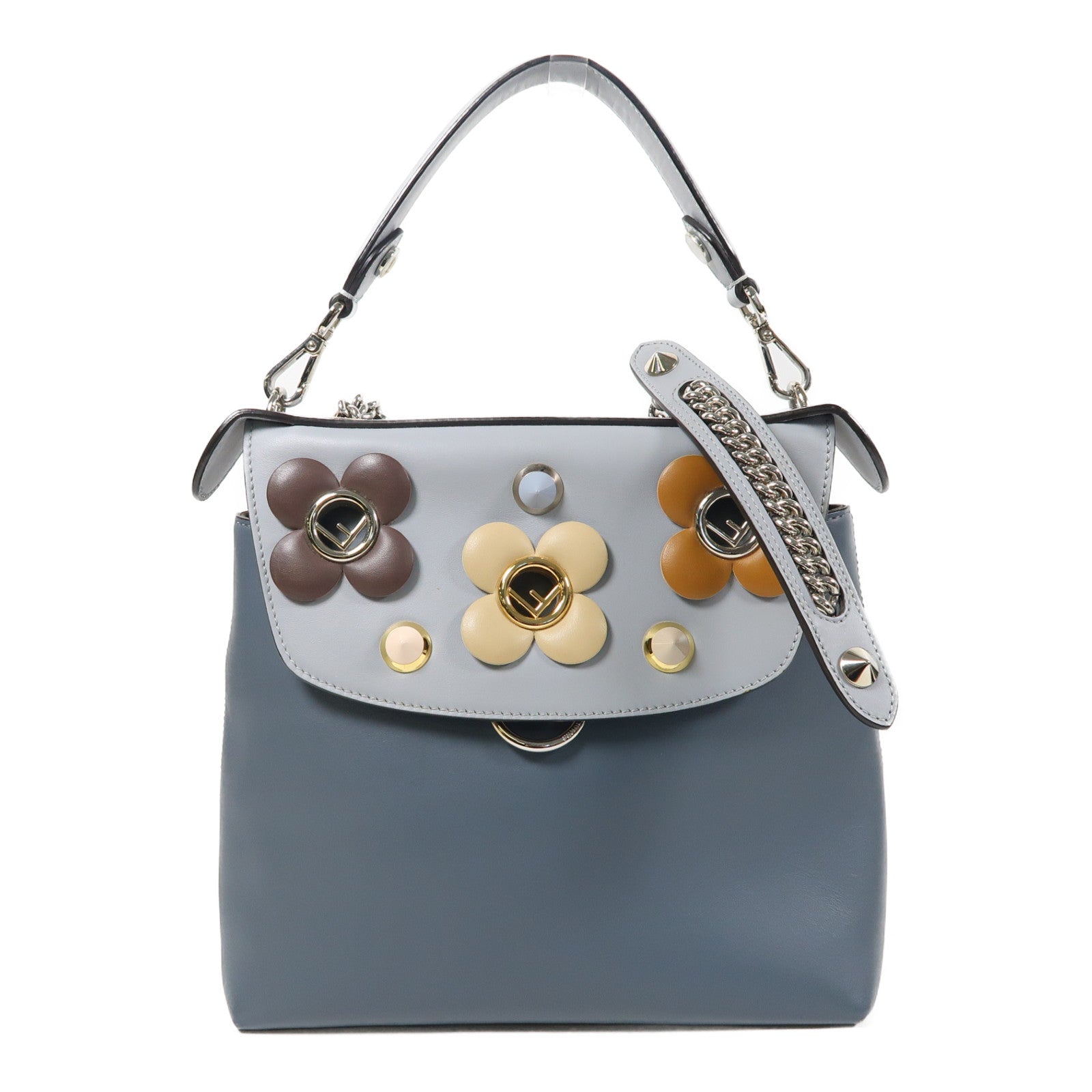 FENDI 【激減優惠】牛皮皮革2 Way Shoulder銀扣手挽肩背兩用袋灰色
