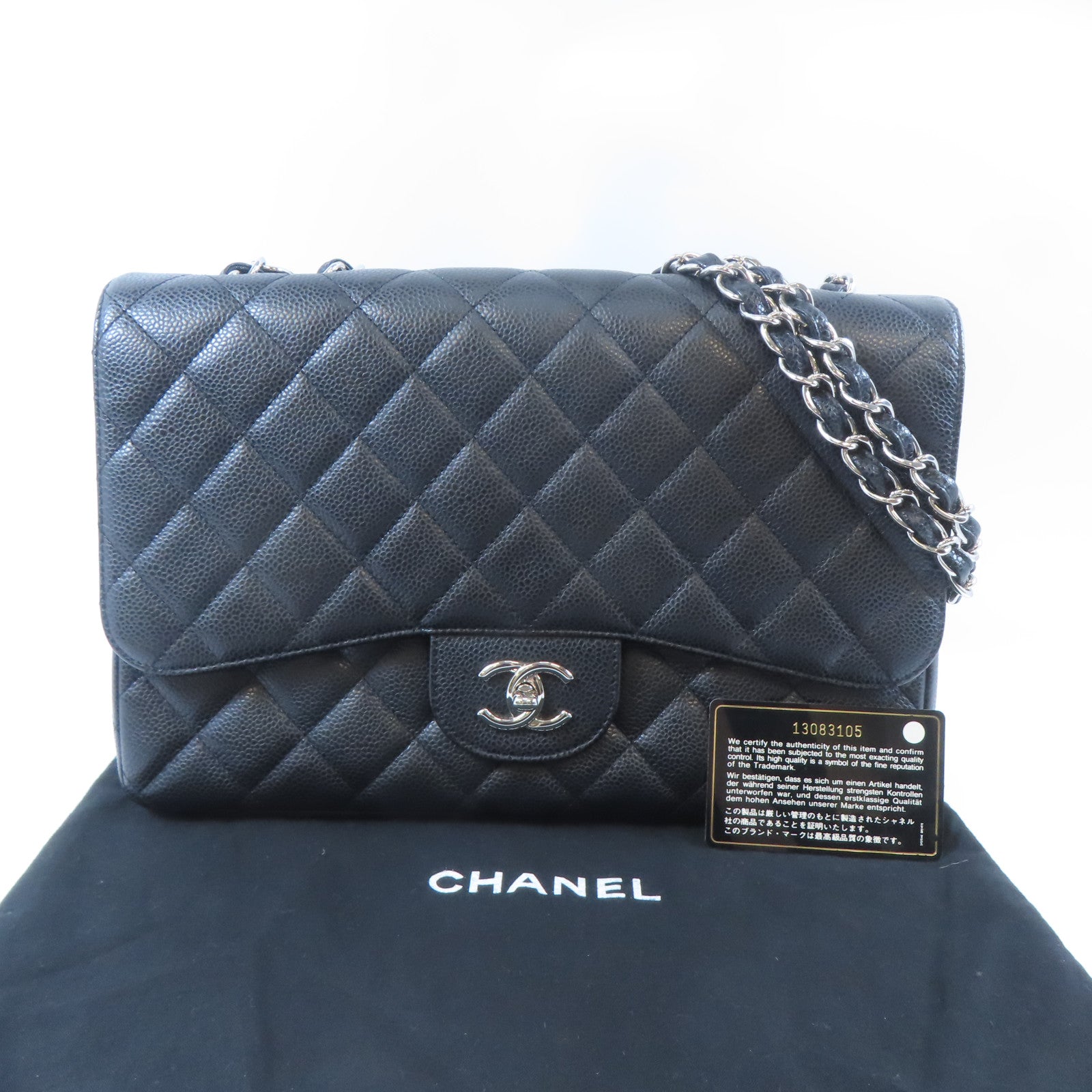 CHANEL 菱格Caviar皮革Chain Shoulder銀扣鏈帶肩背袋黑色