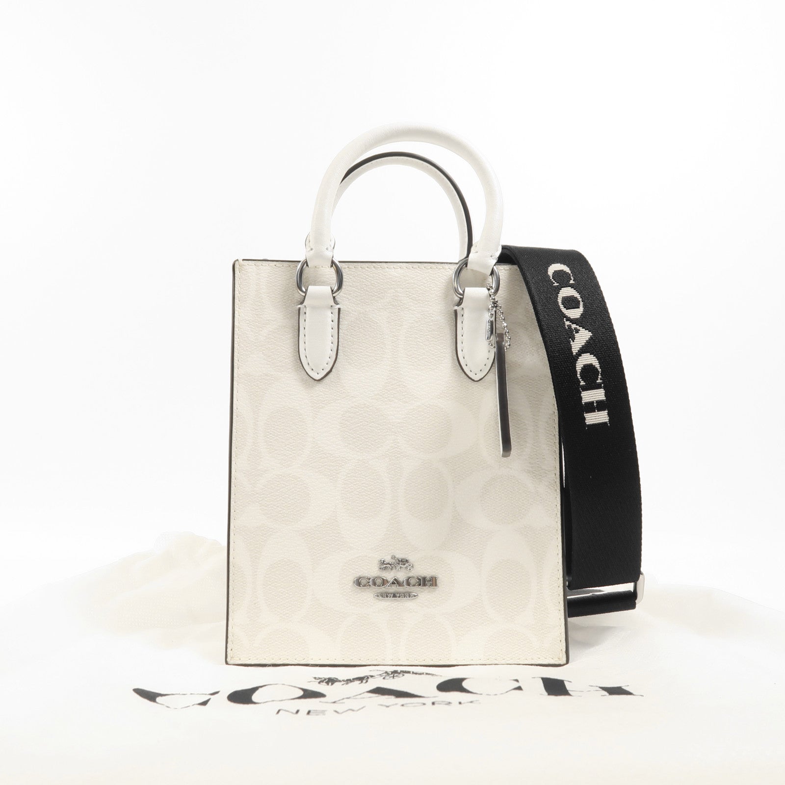 COACH 塗層帆布/牛皮皮革Shoulder Bag銀扣手挽肩背兩用袋