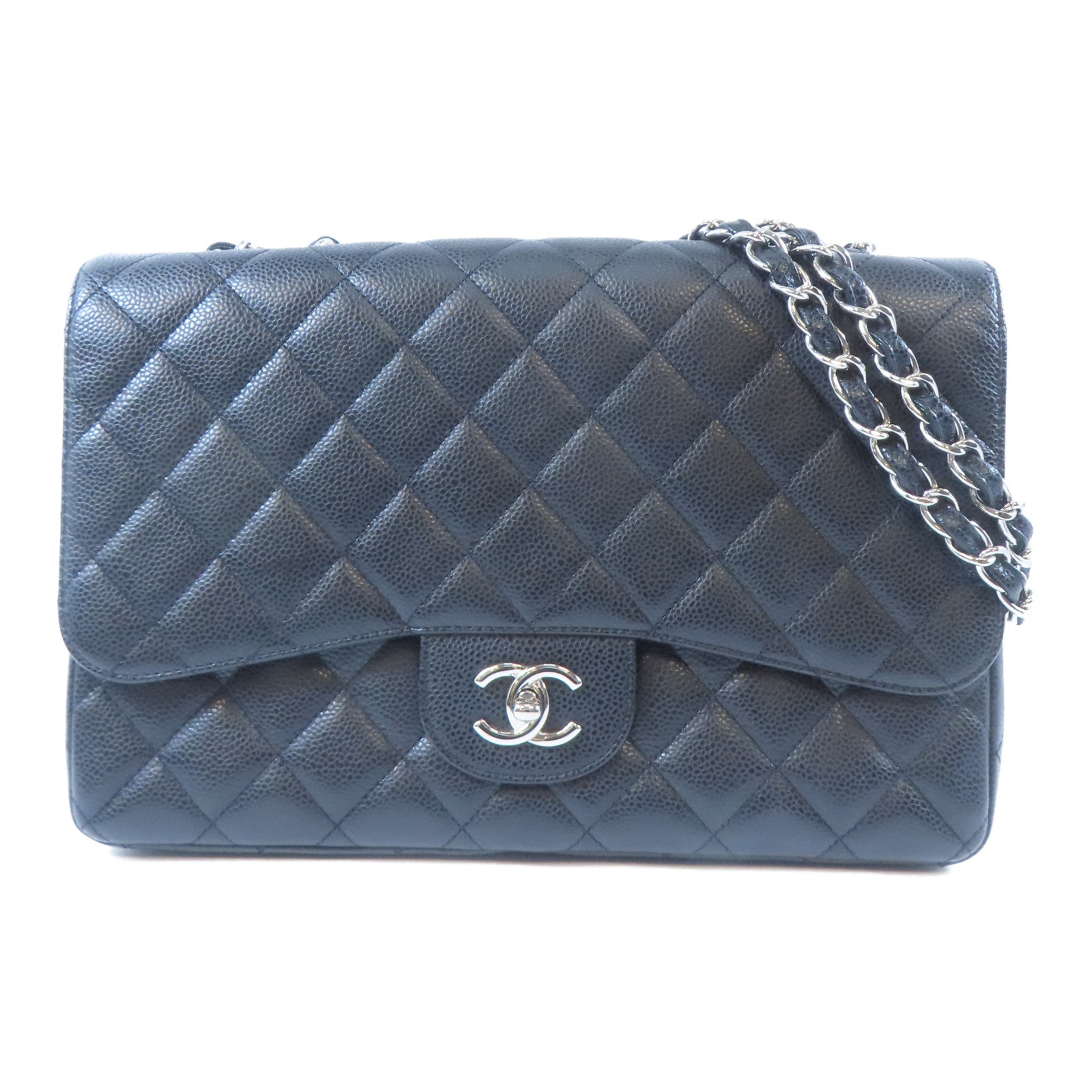 CHANEL 菱格Caviar皮革Chain Shoulder銀扣鏈帶肩背袋黑色