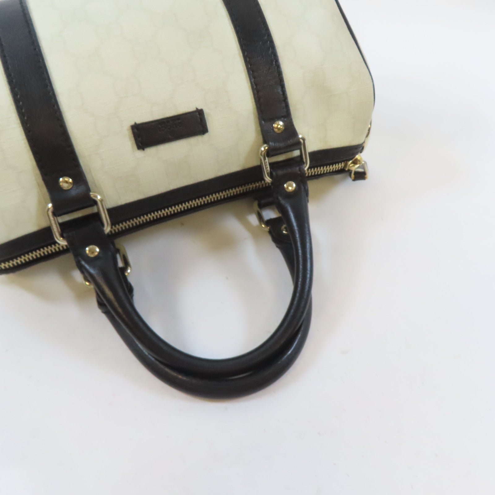 GUCCI 塗層帆布Mini Boston Bag金扣手挽袋白色/黑色