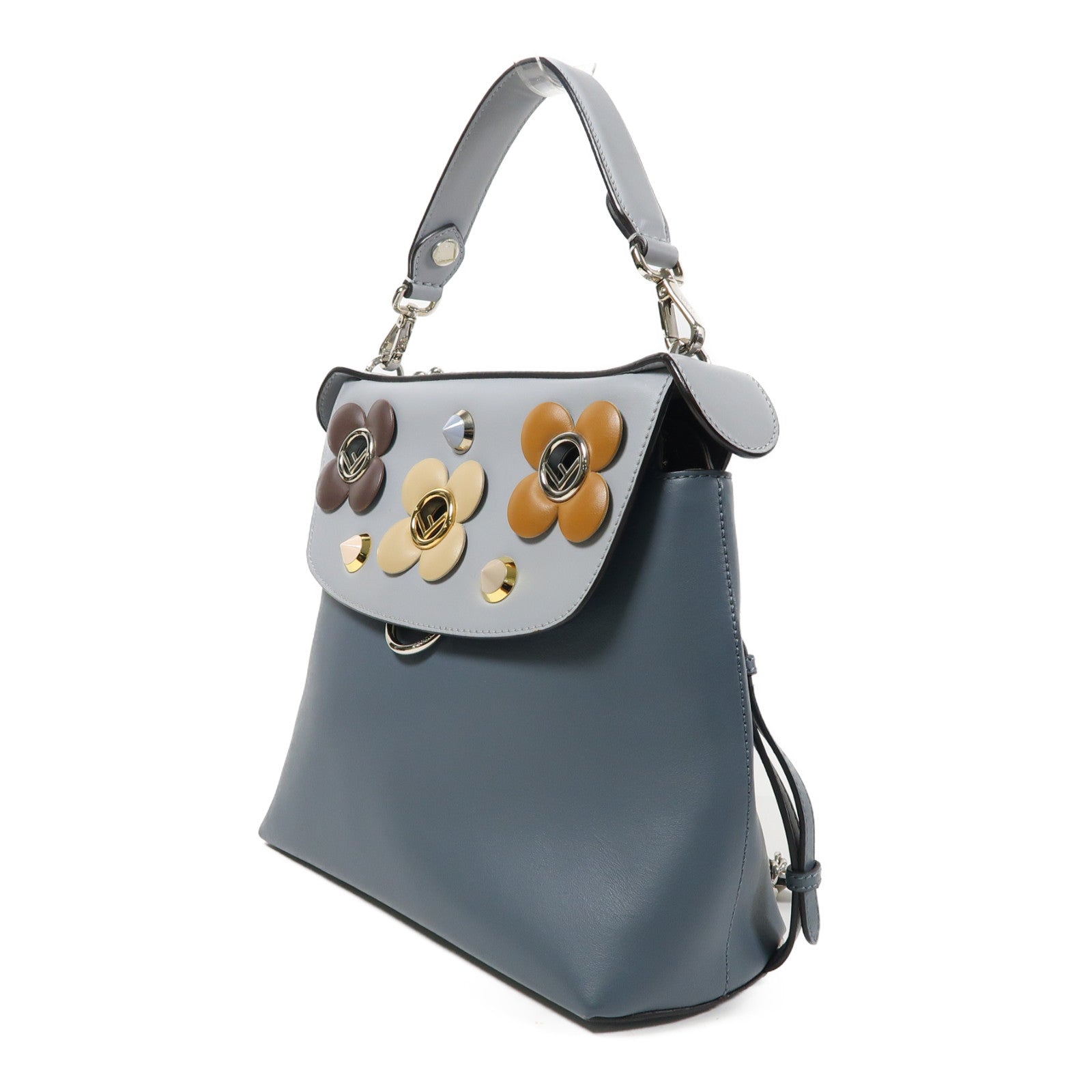 FENDI 【激減優惠】牛皮皮革2 Way Shoulder銀扣手挽肩背兩用袋灰色