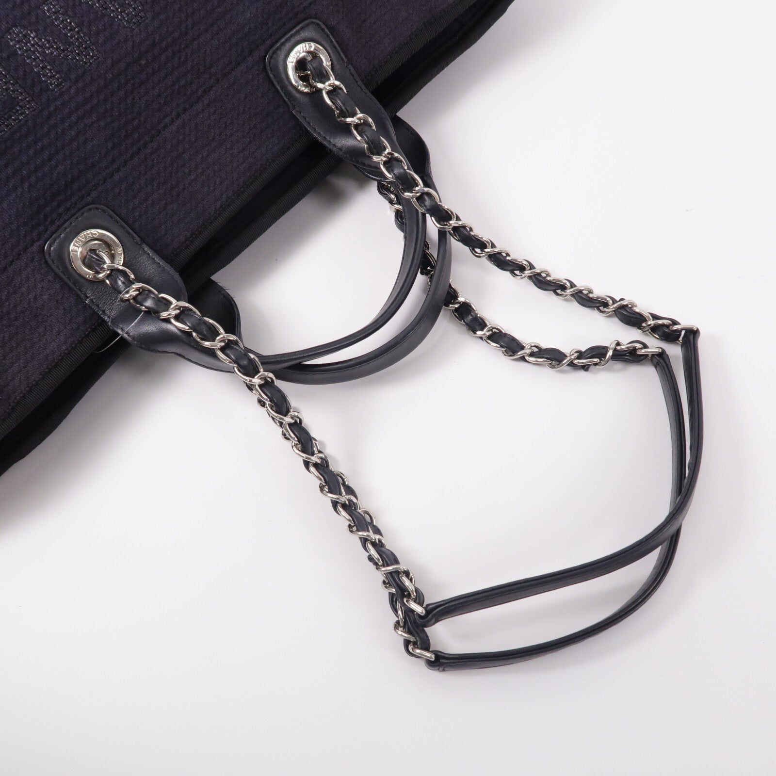 CHANEL 帆布Deauville Tote Medium鏈帶手挽肩背兩用袋