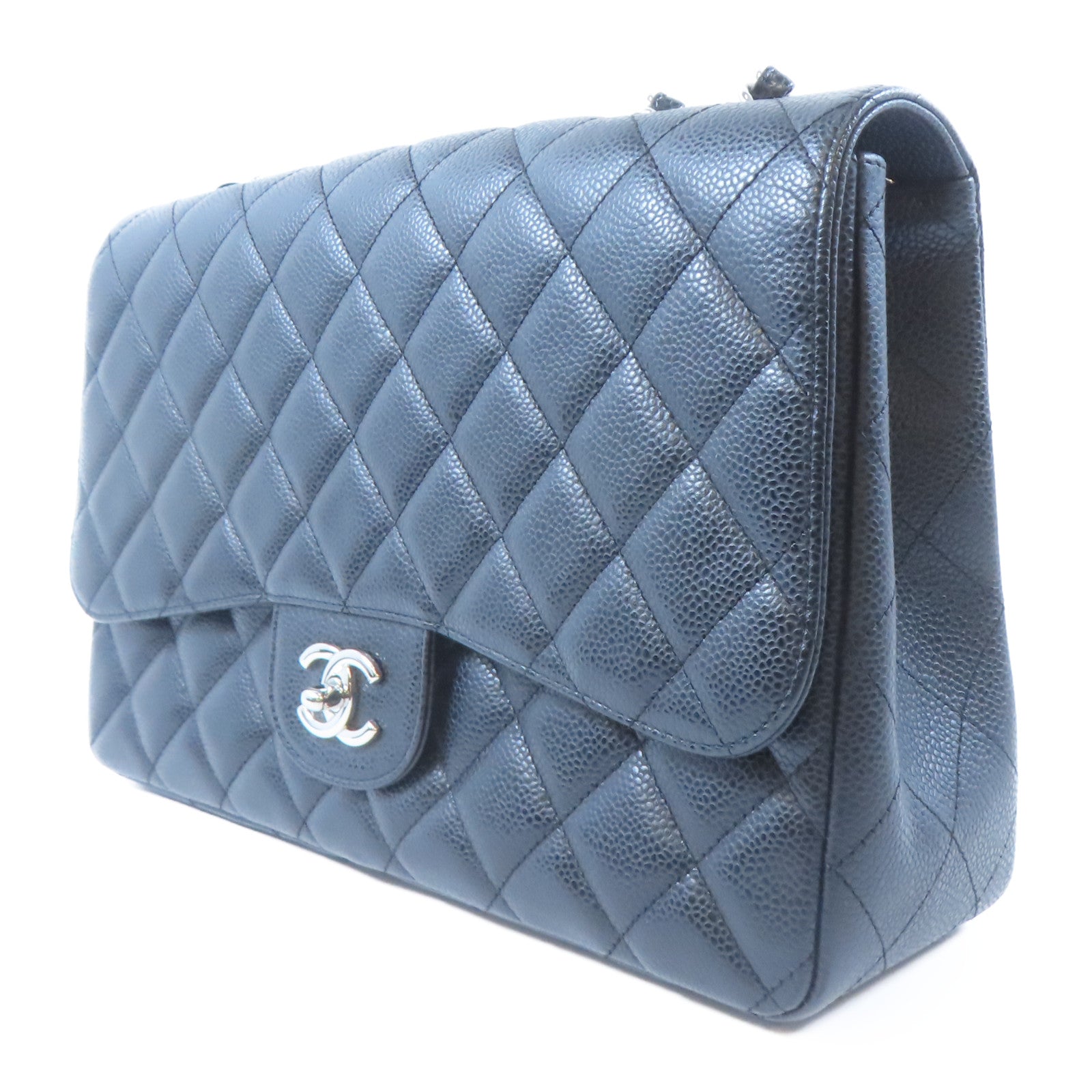 CHANEL 菱格Caviar皮革Chain Shoulder銀扣鏈帶肩背袋黑色