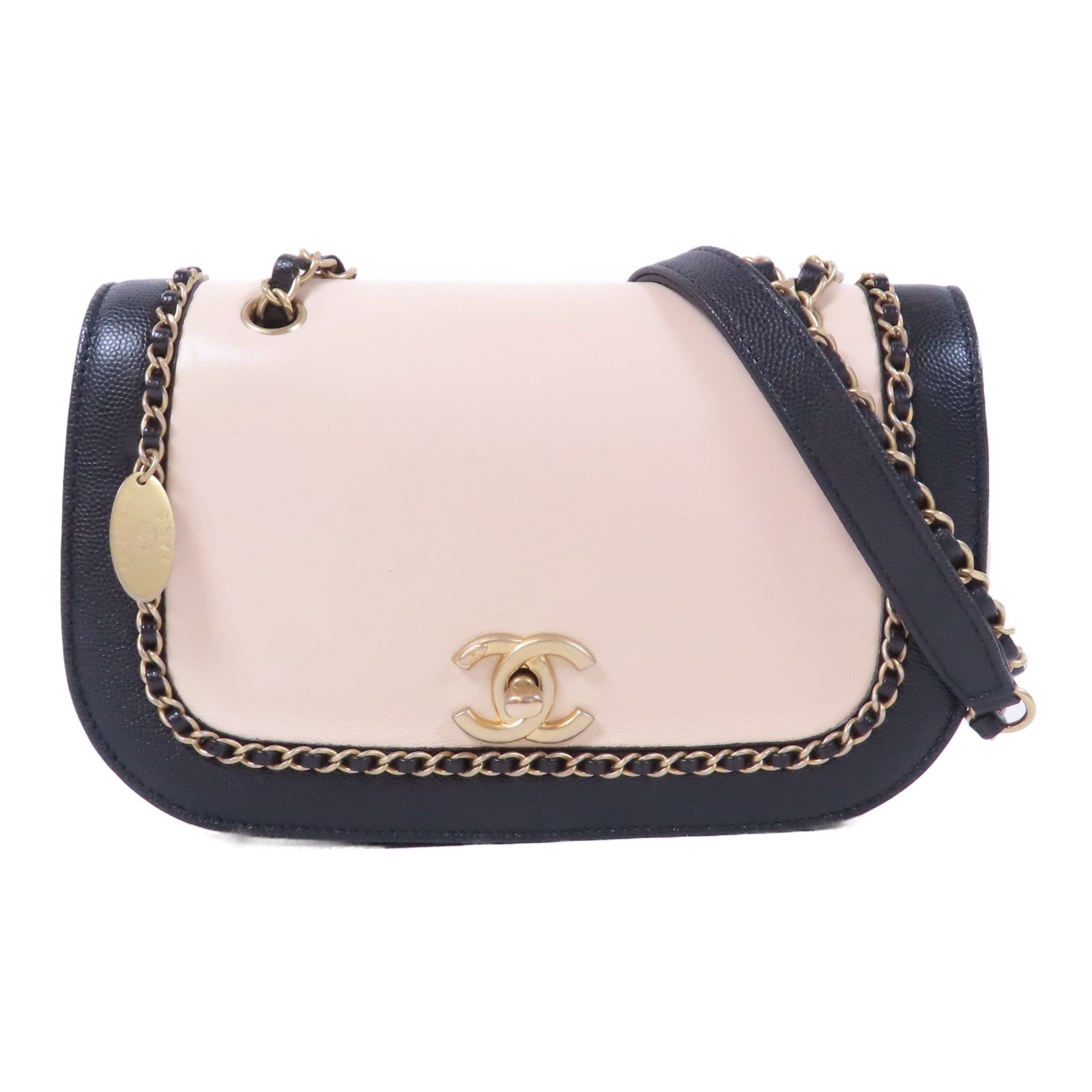 CHANEL 【激減優惠】牛皮皮革Chain Shoulder Bag金扣鏈帶肩背袋黑色/米色