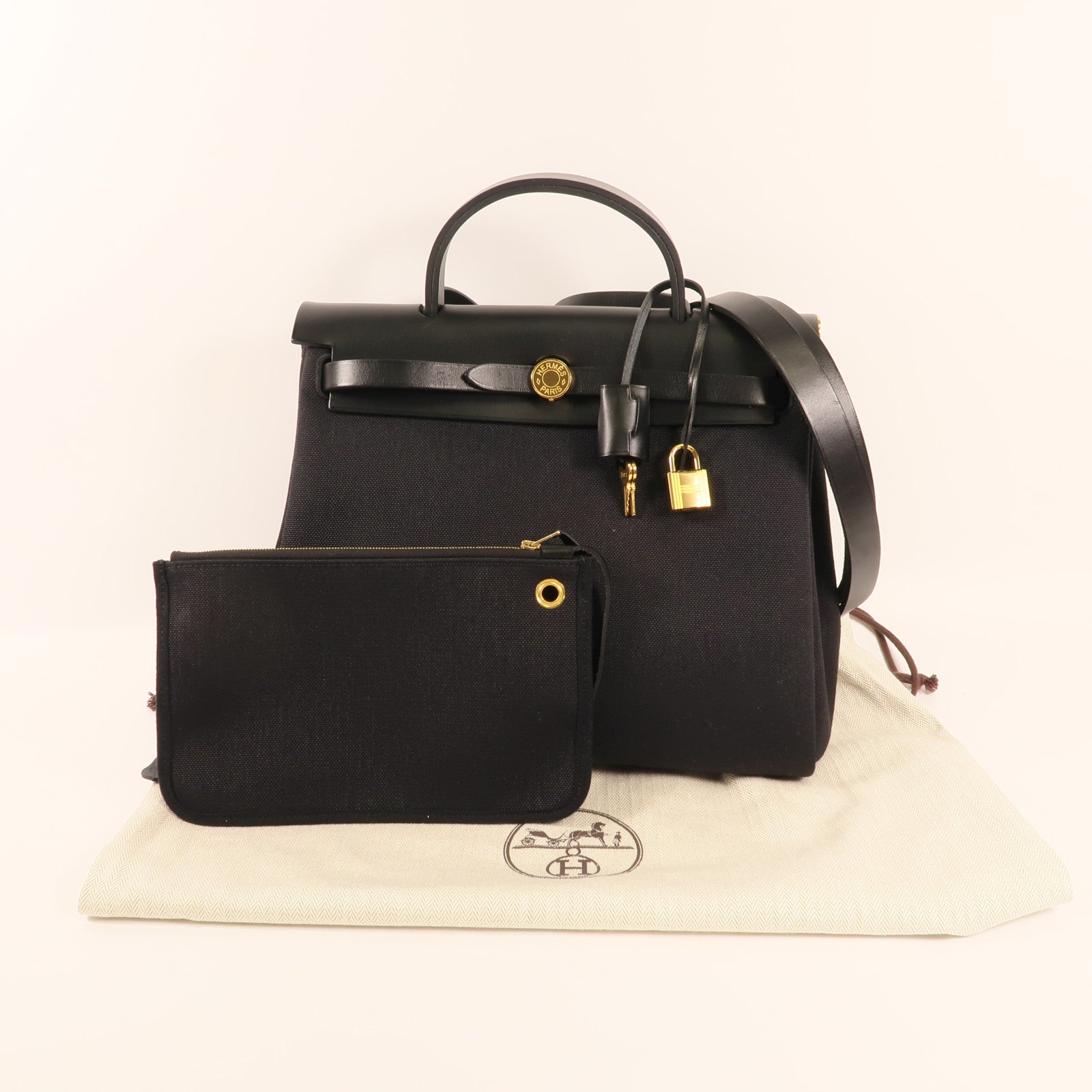 HERMES 帆布Herbag PM金扣手挽肩背兩用袋89 Noir