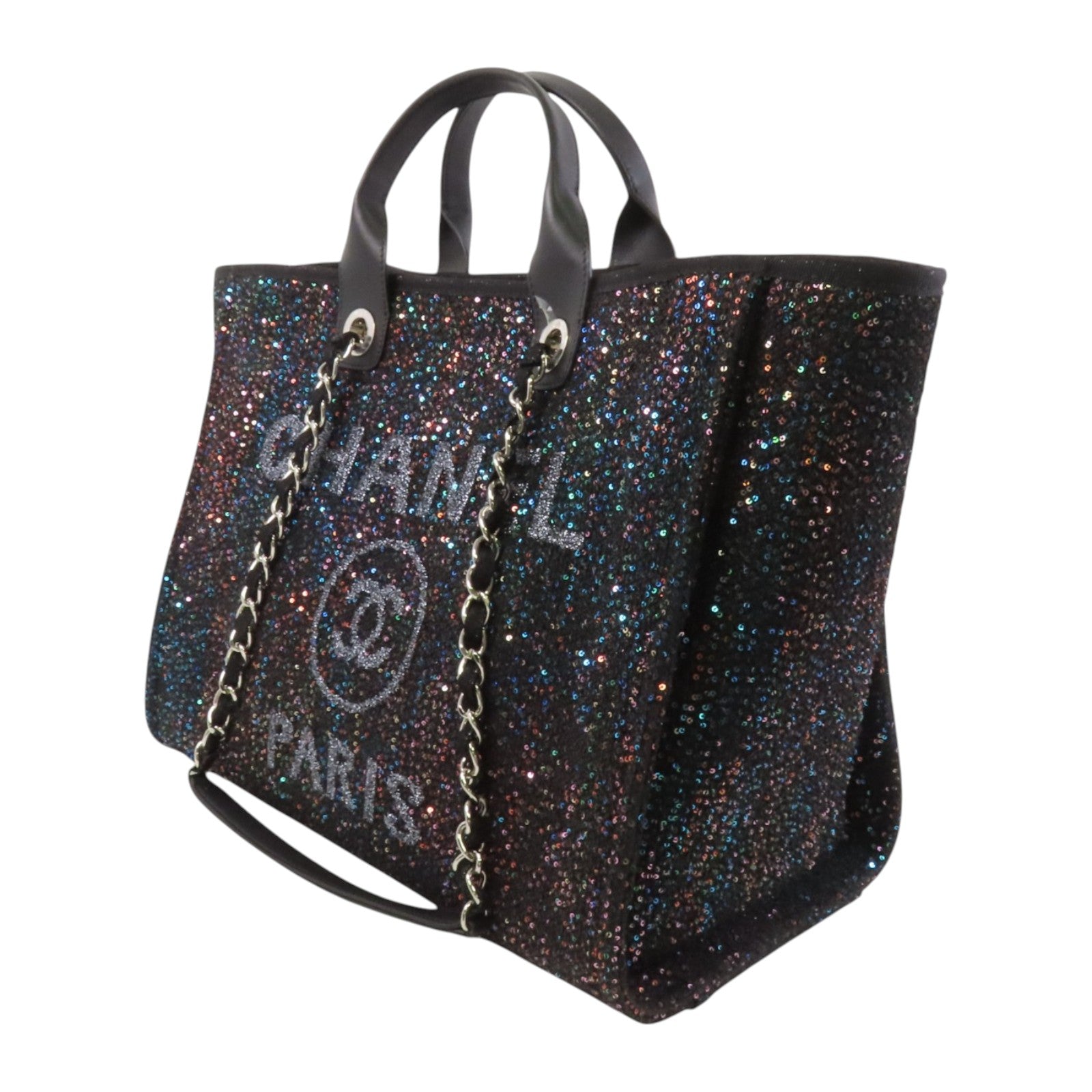 CHANEL 帆布/亮片Deauville Tote銀扣鏈帶手挽肩背兩用袋