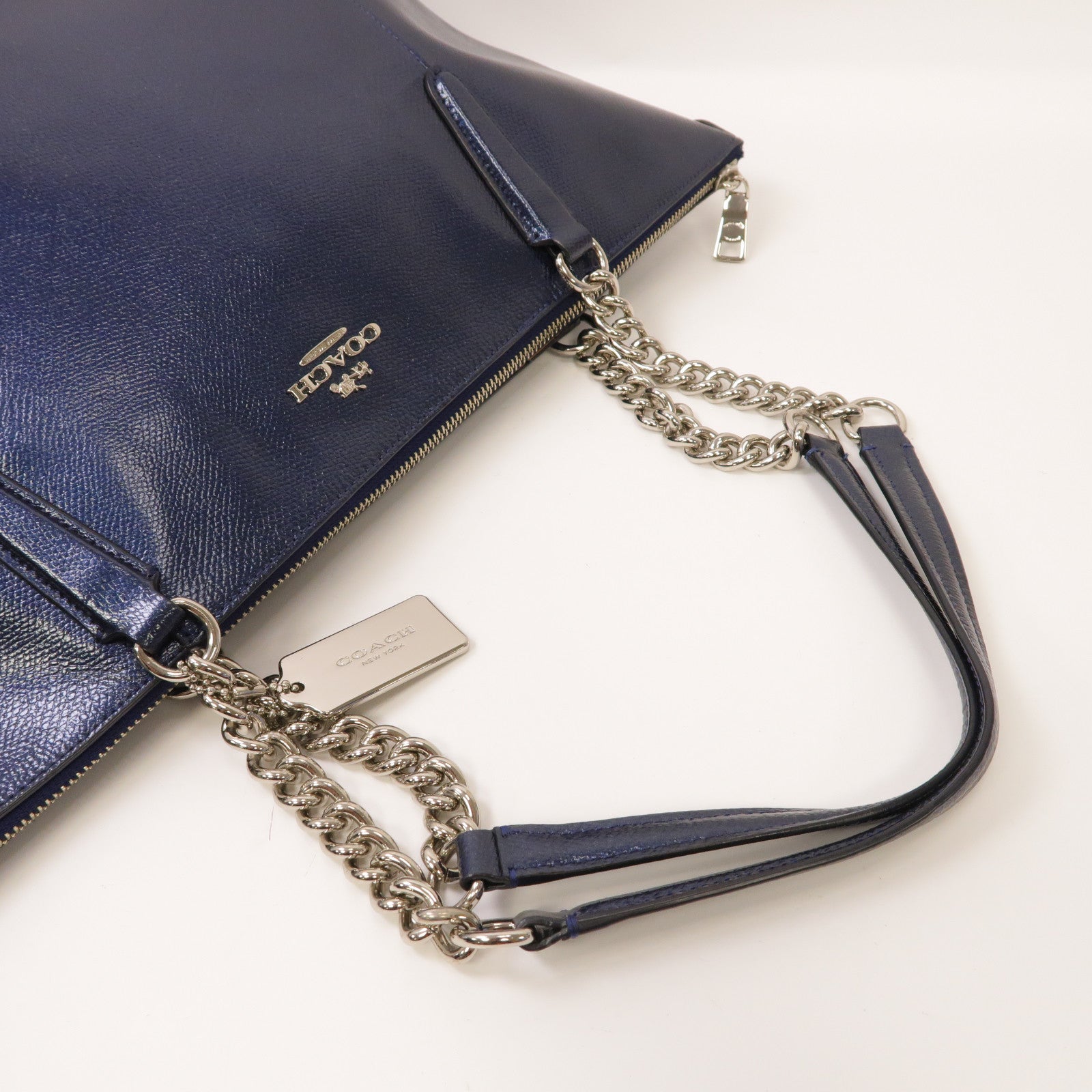 COACH 皮革Tote Bag銀扣手挽袋藍色