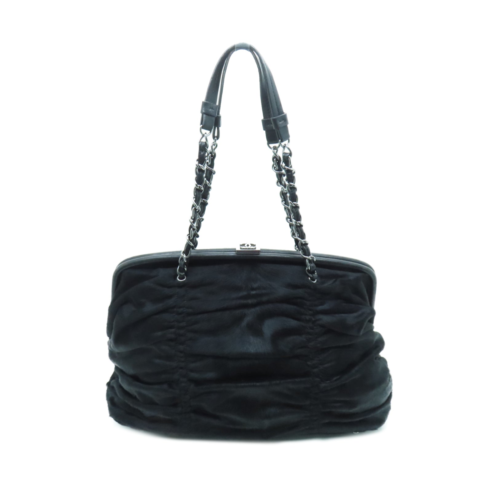 CHANEL horse hair Chain Shoulder Bag silver buckle chain shoulder bag black