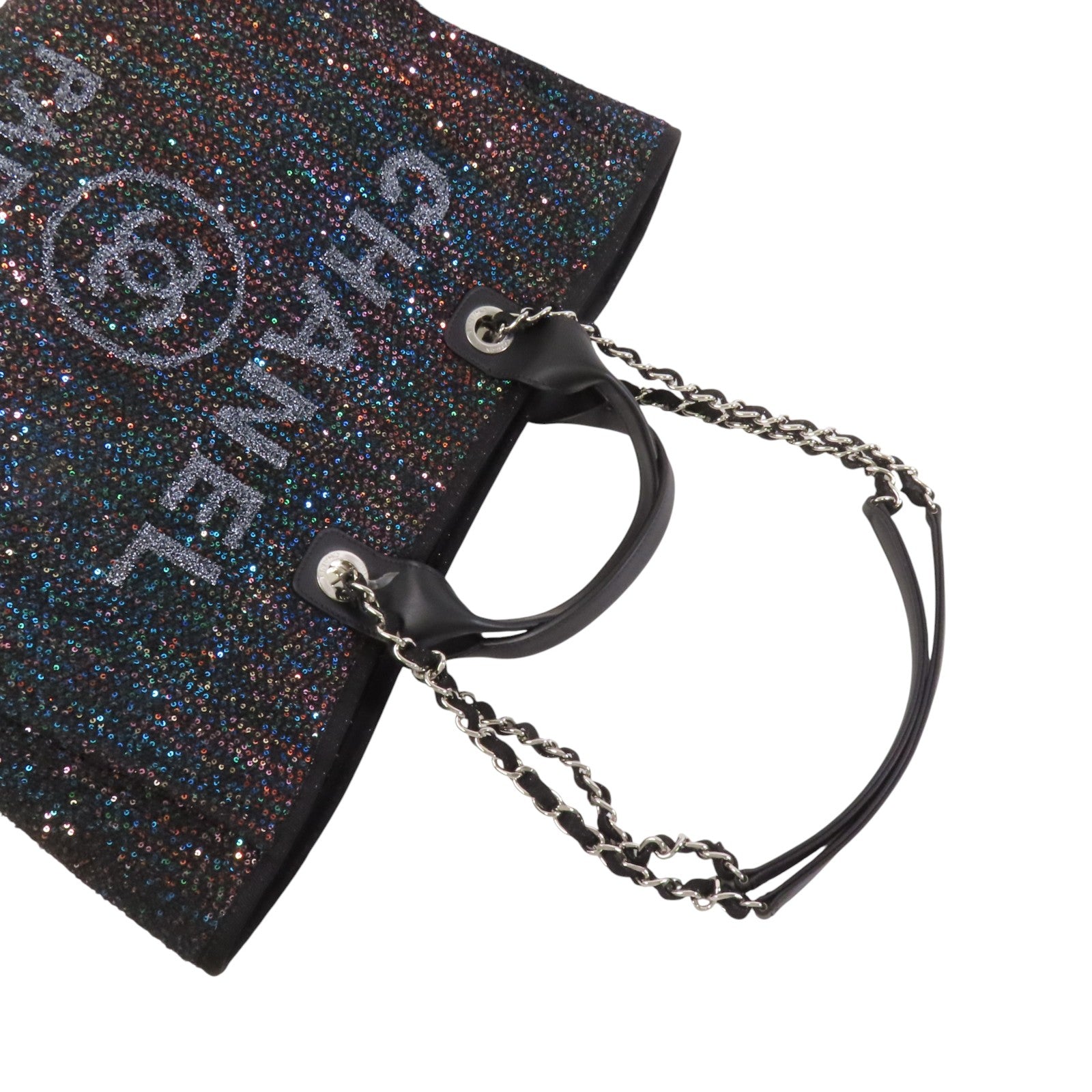 CHANEL 帆布/亮片Deauville Tote銀扣鏈帶手挽肩背兩用袋