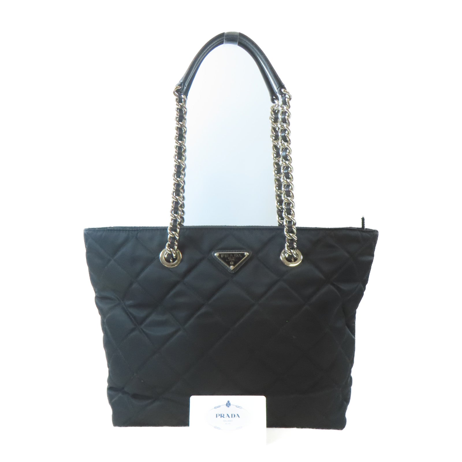 PRADA 菱格尼龍Tote Bag銀扣手挽袋黑色