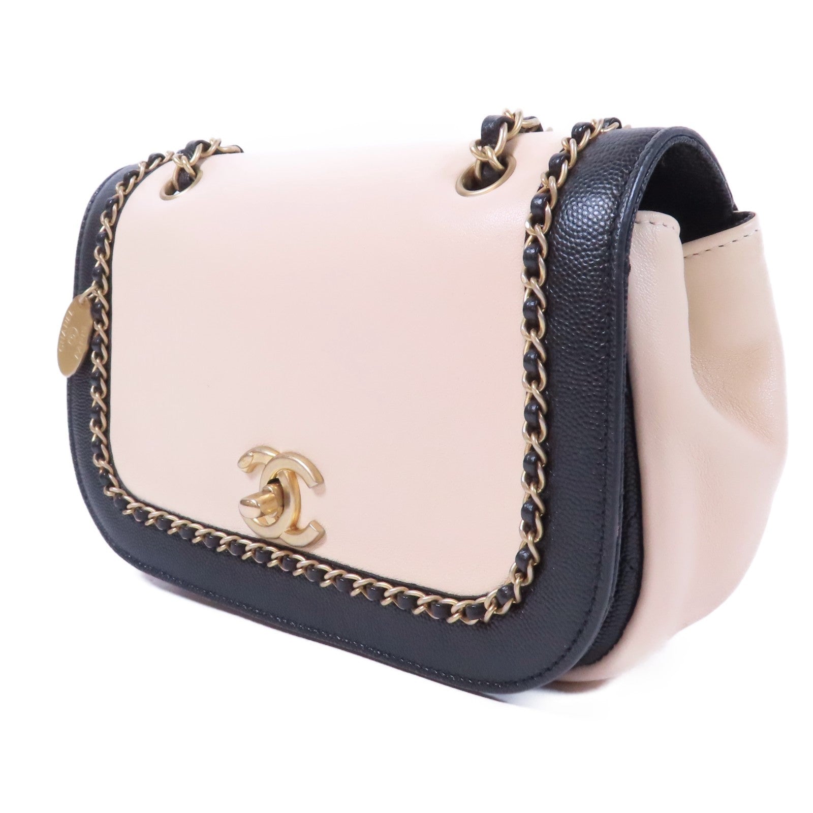 CHANEL 【激減優惠】牛皮皮革Chain Shoulder Bag金扣鏈帶肩背袋黑色/米色