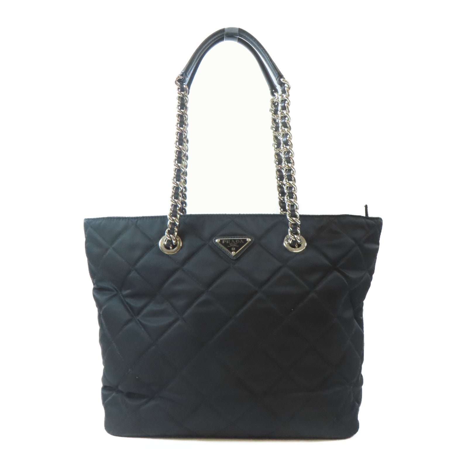 PRADA 菱格尼龍Tote Bag銀扣手挽袋黑色