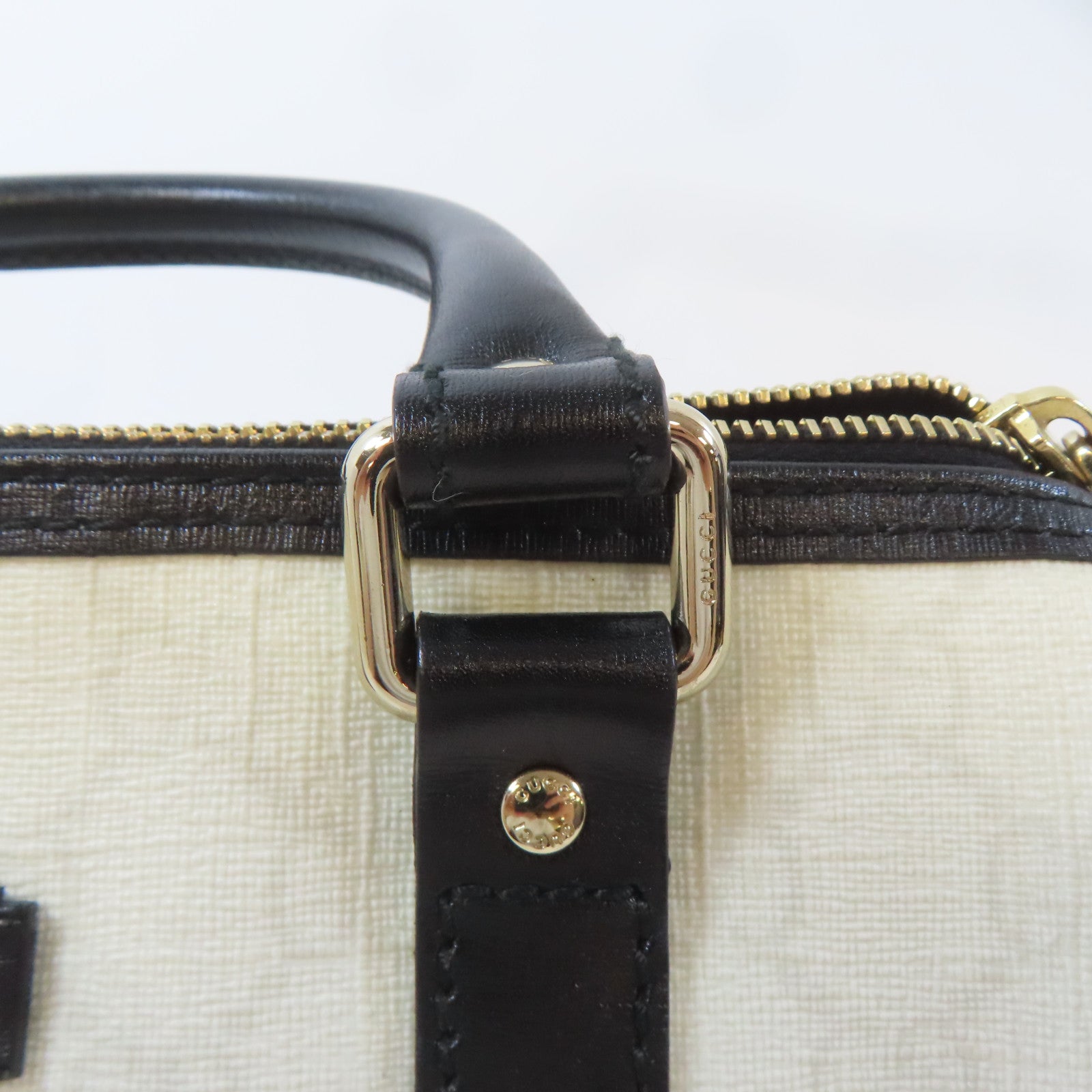 GUCCI 塗層帆布Mini Boston Bag金扣手挽袋白色/黑色