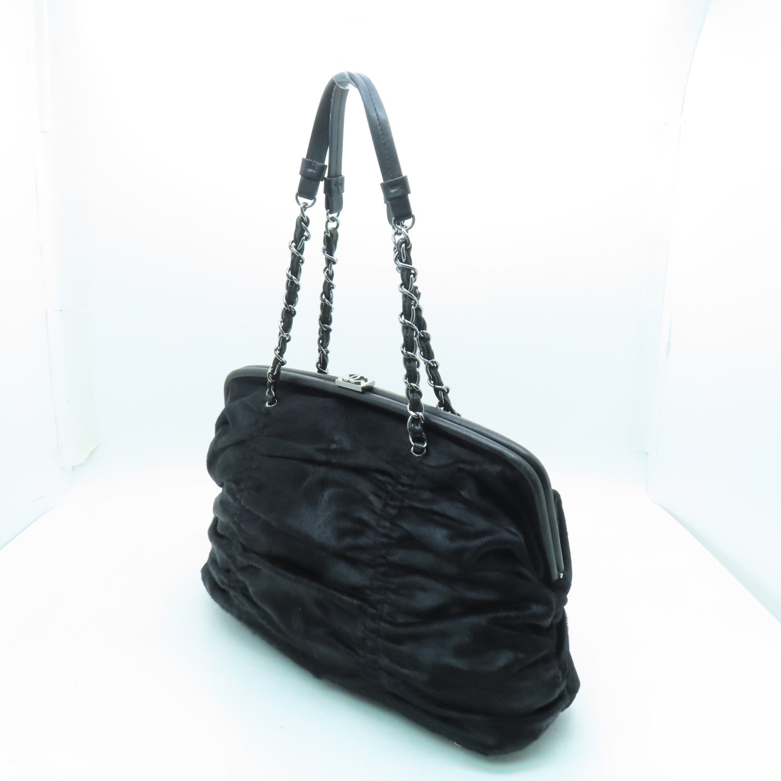 CHANEL horse hair Chain Shoulder Bag silver buckle chain shoulder bag black