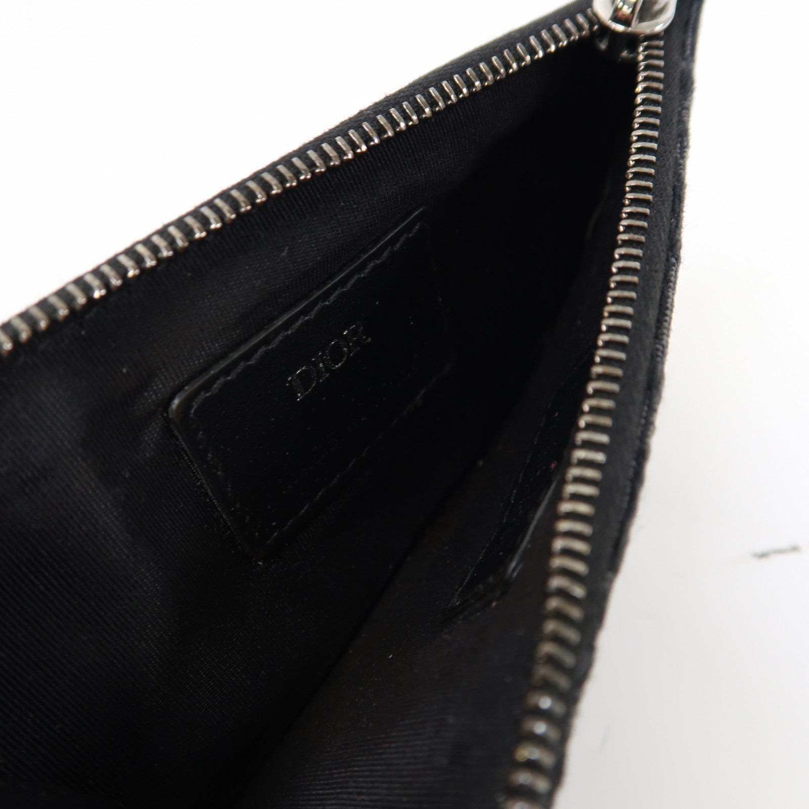 Dior 帆布/牛皮皮革Oblique Card Case銀扣卡片套黑色