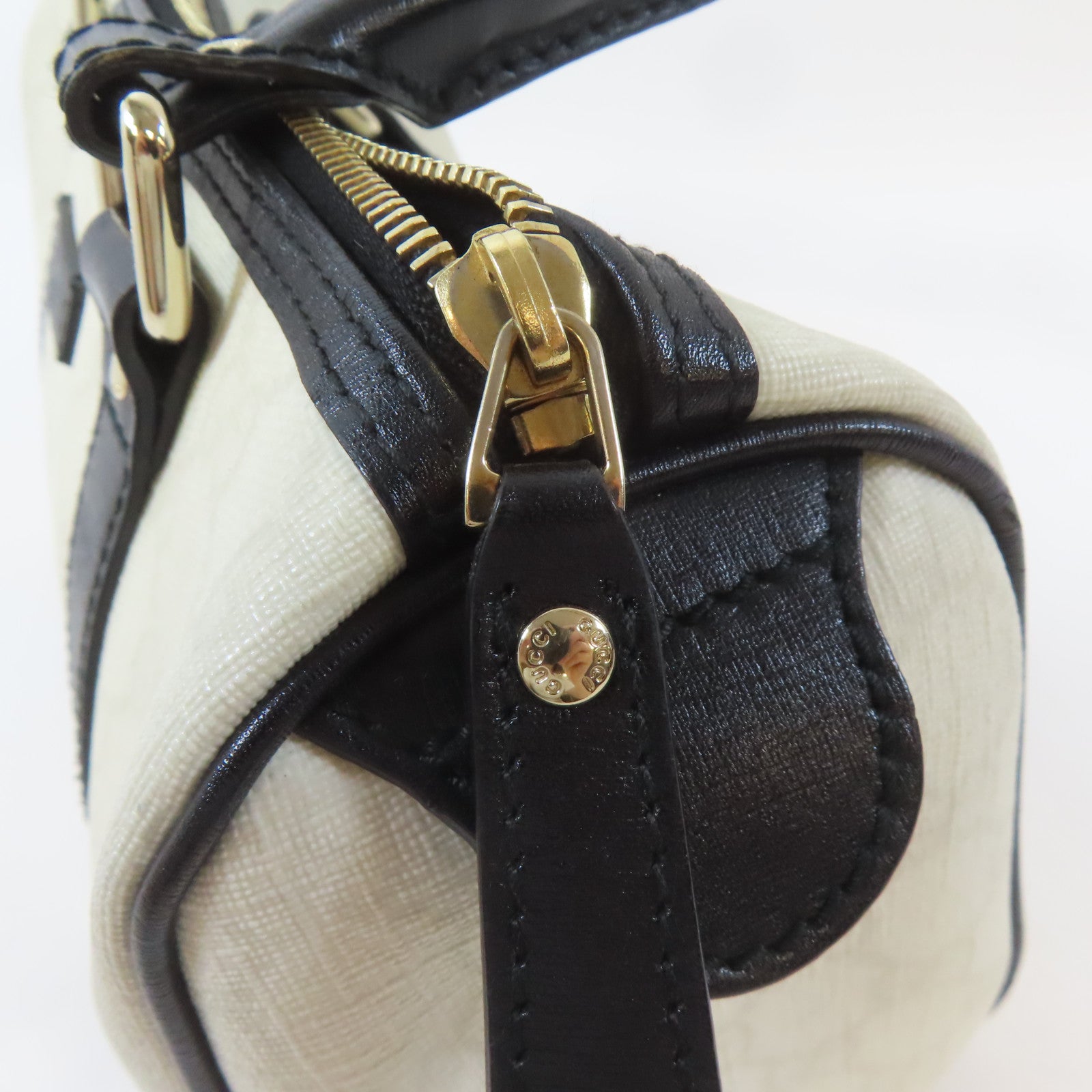GUCCI 塗層帆布Mini Boston Bag金扣手挽袋白色/黑色