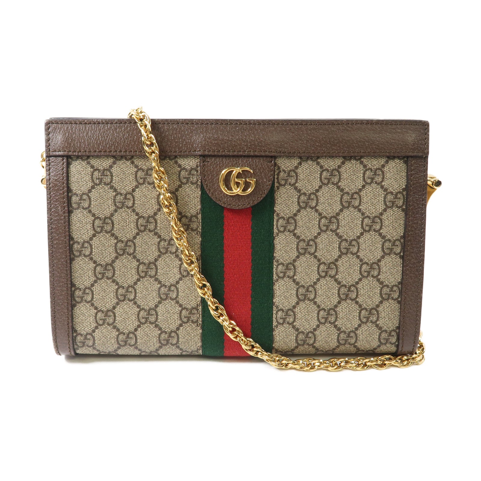 GUCCI 塗層帆布/皮革Ophidia Shoulder Bag金扣鏈帶金扣肩背袋啡色