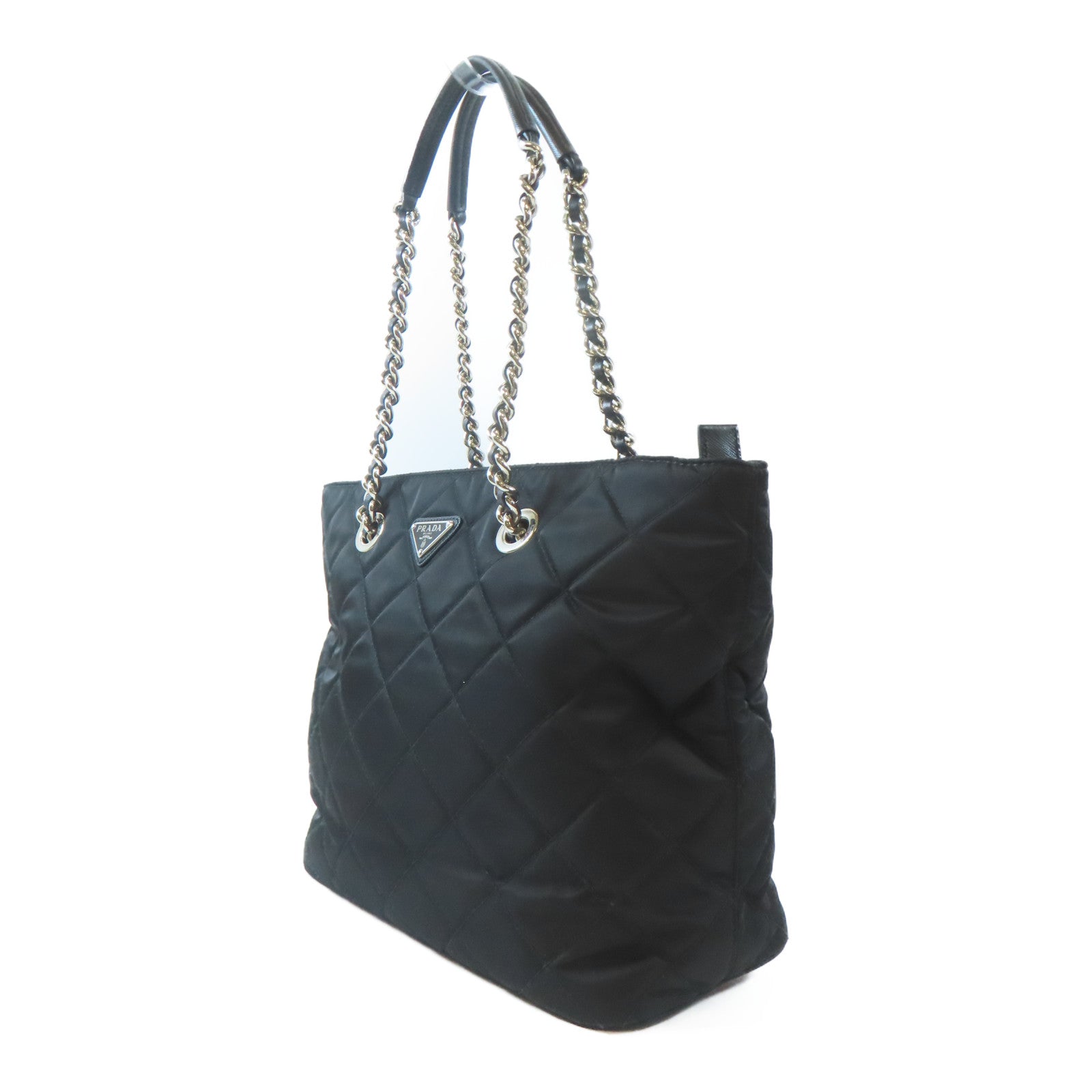 PRADA 菱格尼龍Tote Bag銀扣手挽袋黑色
