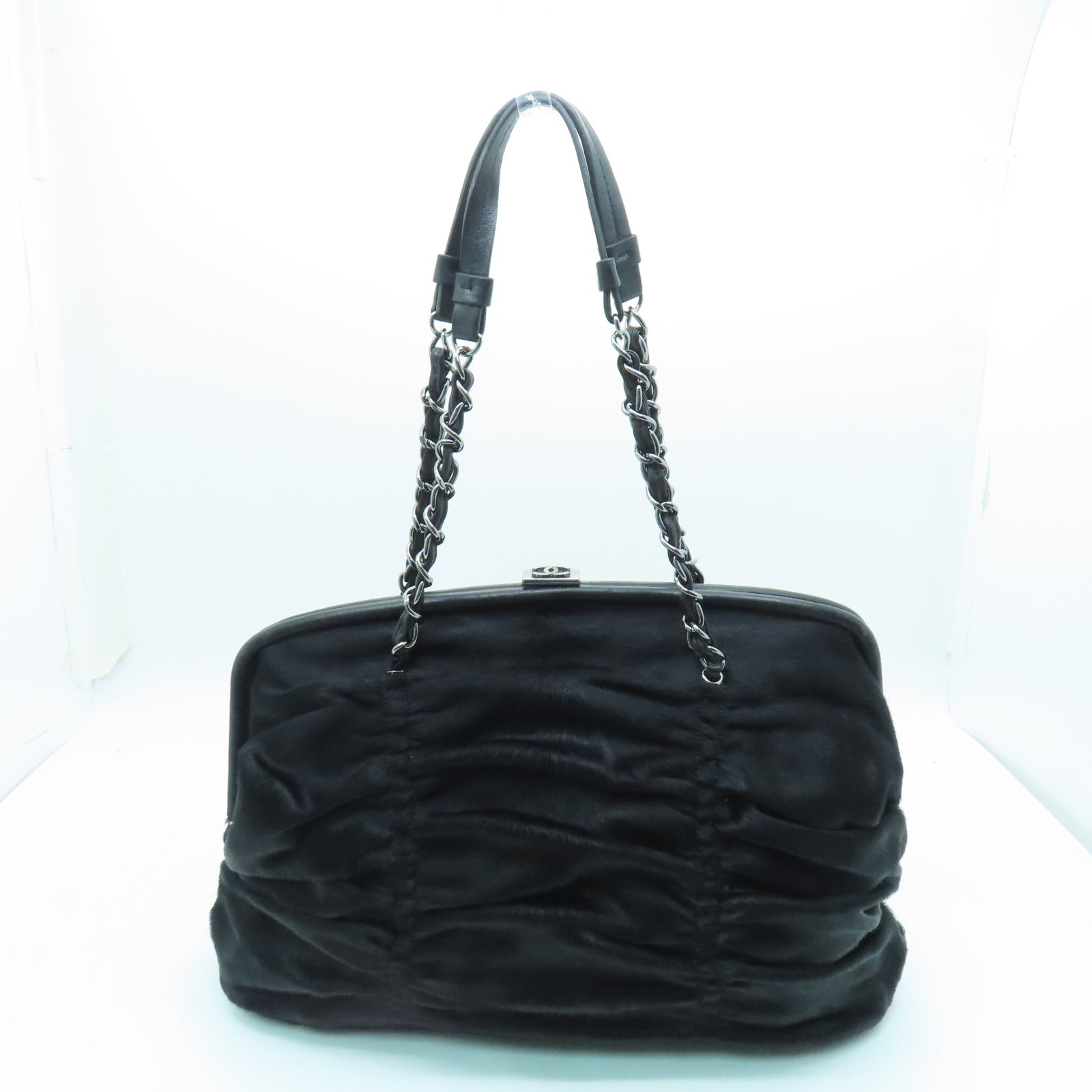 CHANEL horse hair Chain Shoulder Bag silver buckle chain shoulder bag black