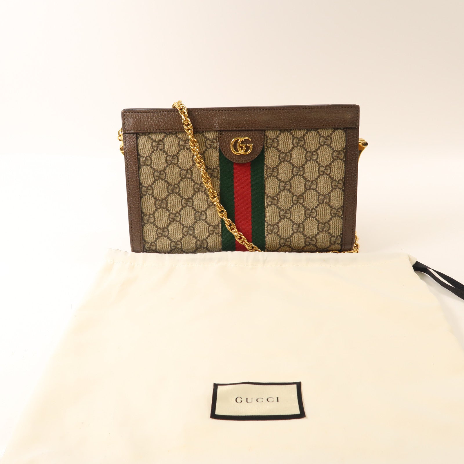 GUCCI 塗層帆布/皮革Ophidia Shoulder Bag金扣鏈帶金扣肩背袋啡色