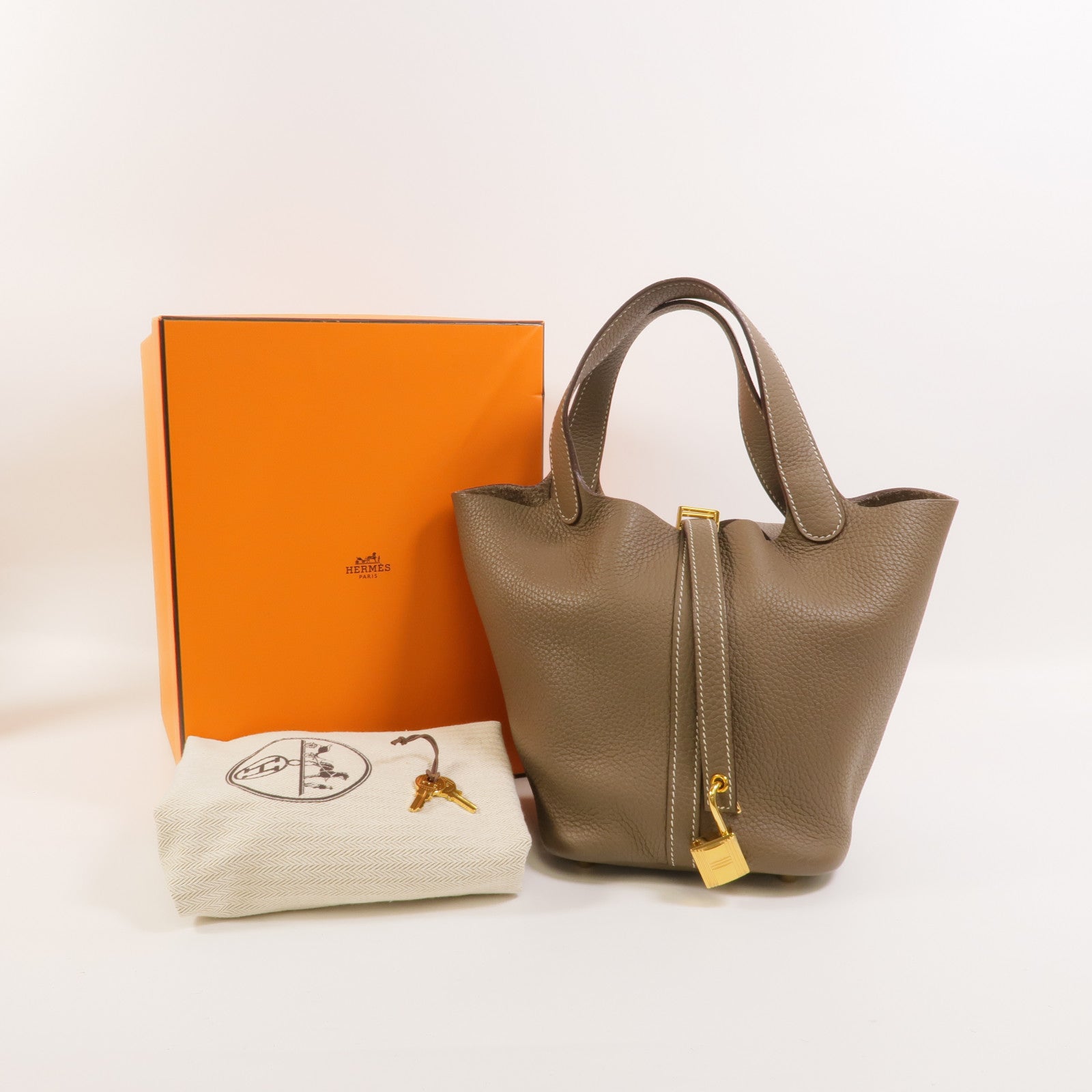 HERMES Clemence皮革Picotin PM手挽袋Etoupe