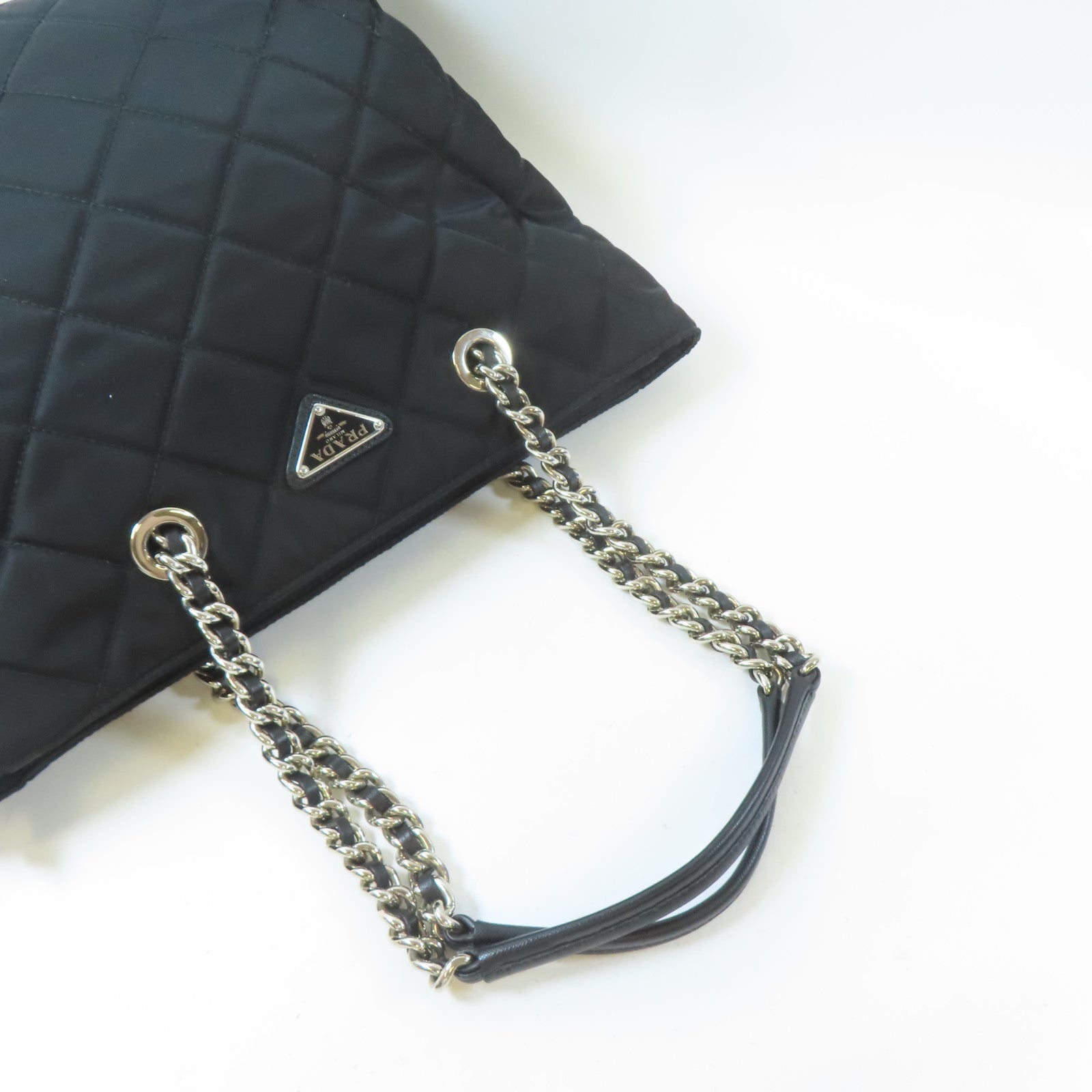 PRADA 菱格尼龍Tote Bag銀扣手挽袋黑色