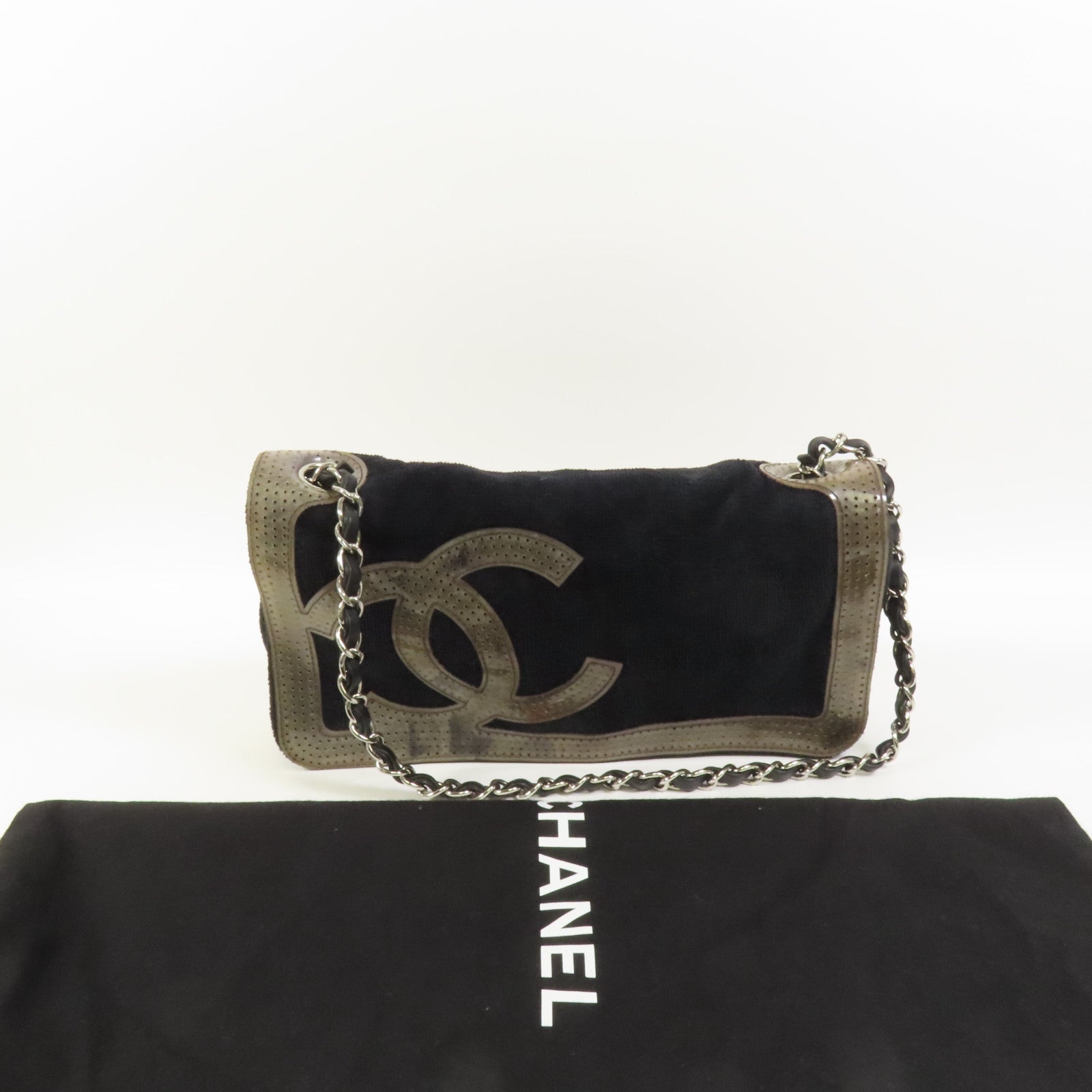 CHANEL 棉質Chain Shoulder銀扣肩背袋