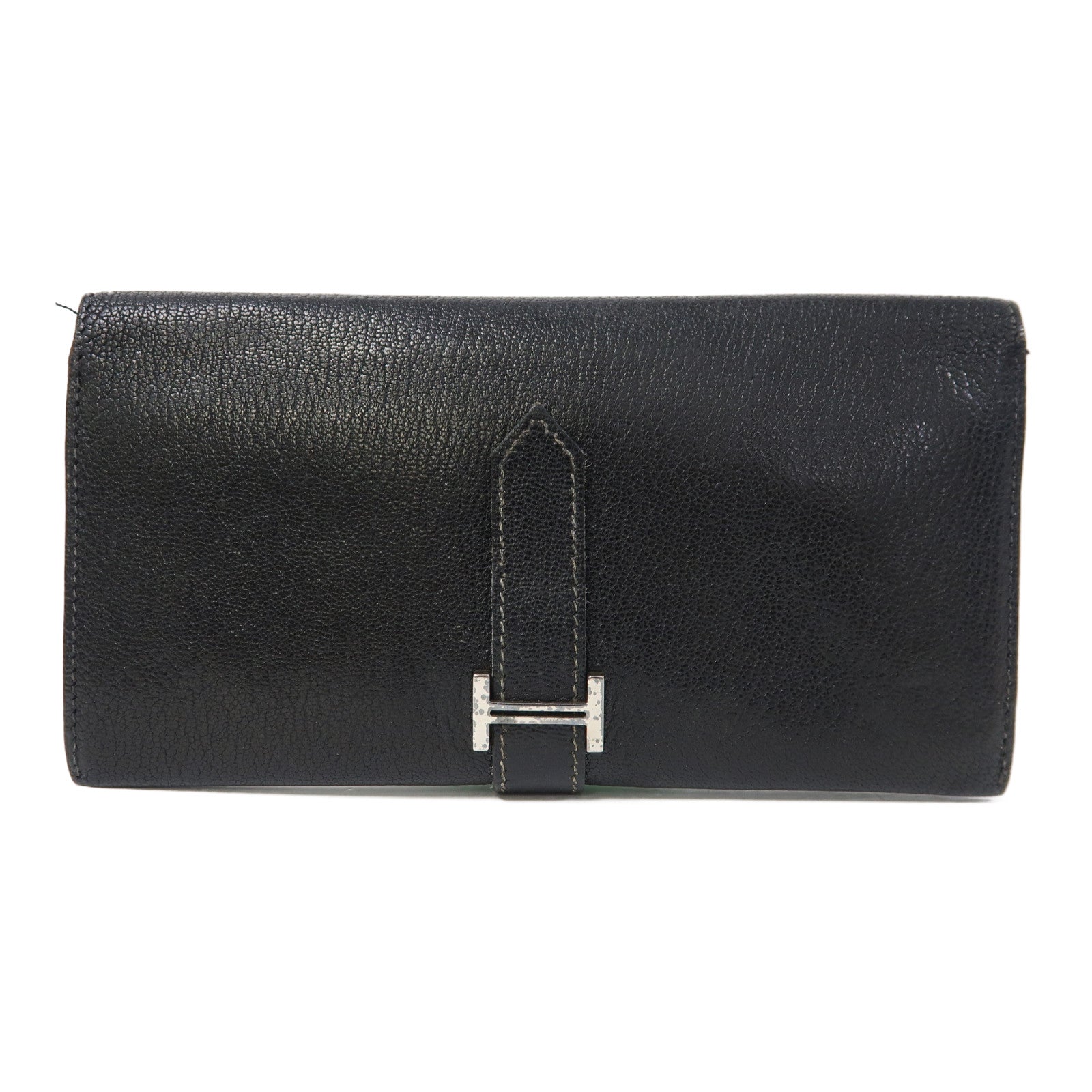 HERMES Chevre皮革Bearn tri-fold銀扣折疊長錢包黑色