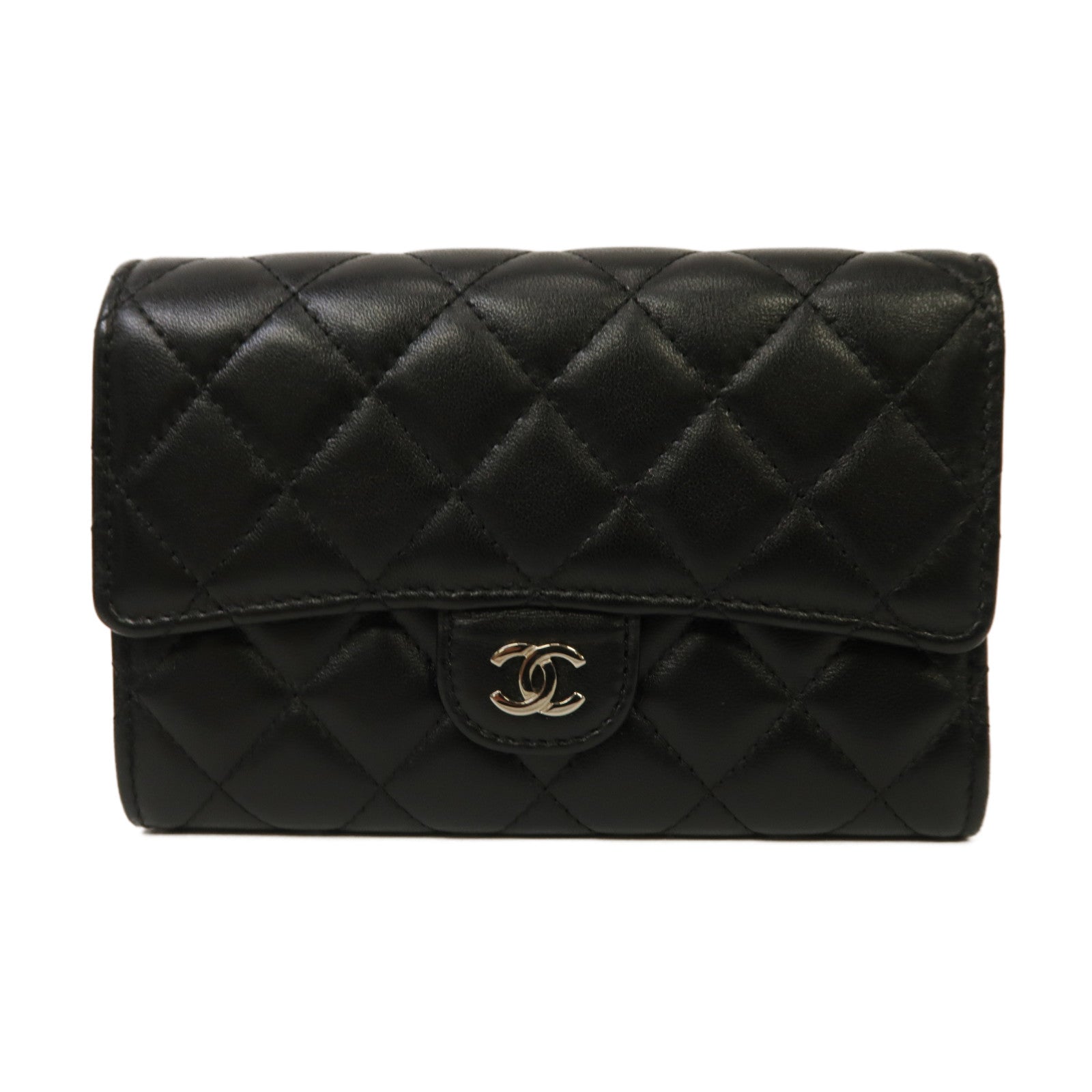 CHANEL 菱格羊皮皮革Classic Medium Wallet銀扣錢包黑色
