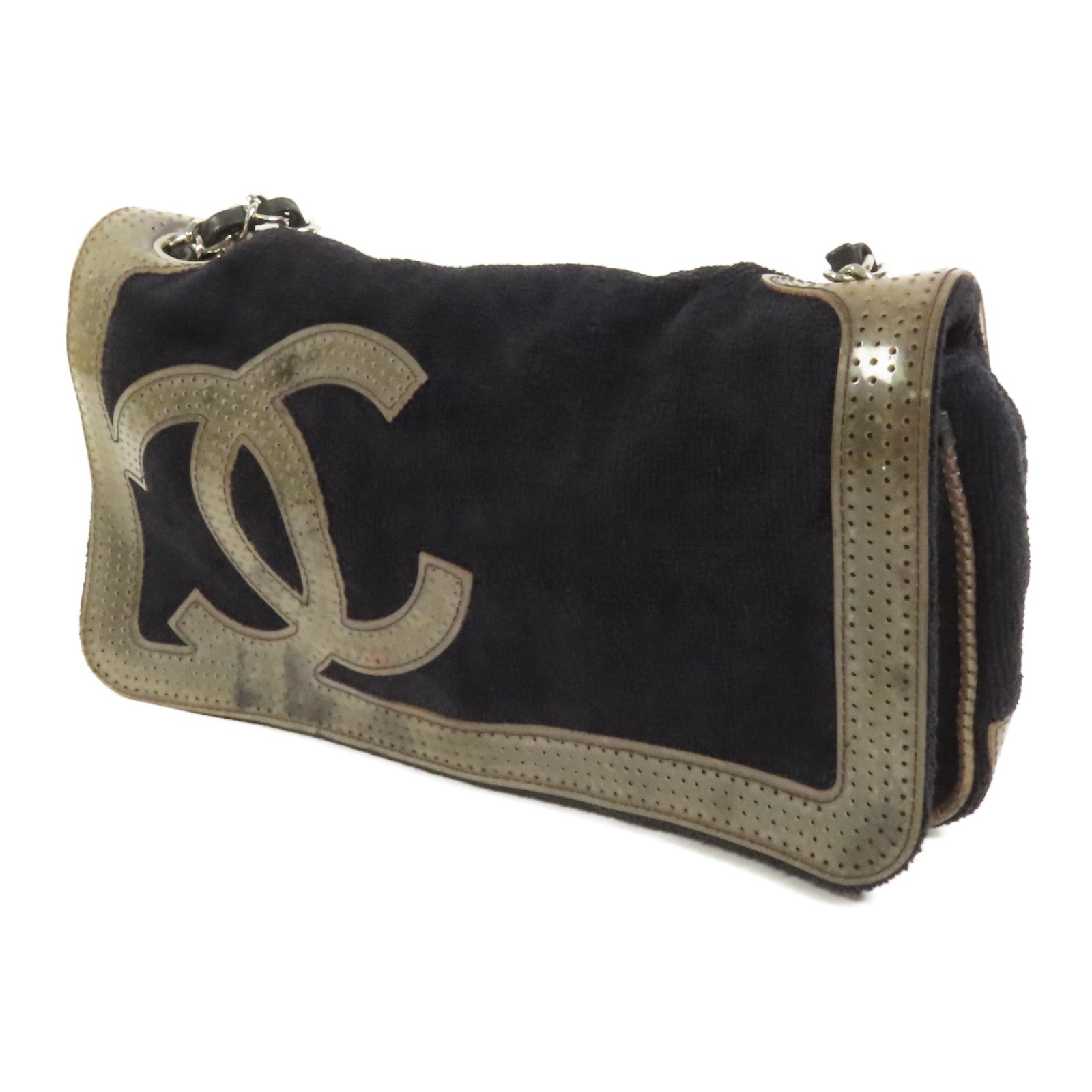 CHANEL 棉質Chain Shoulder銀扣肩背袋