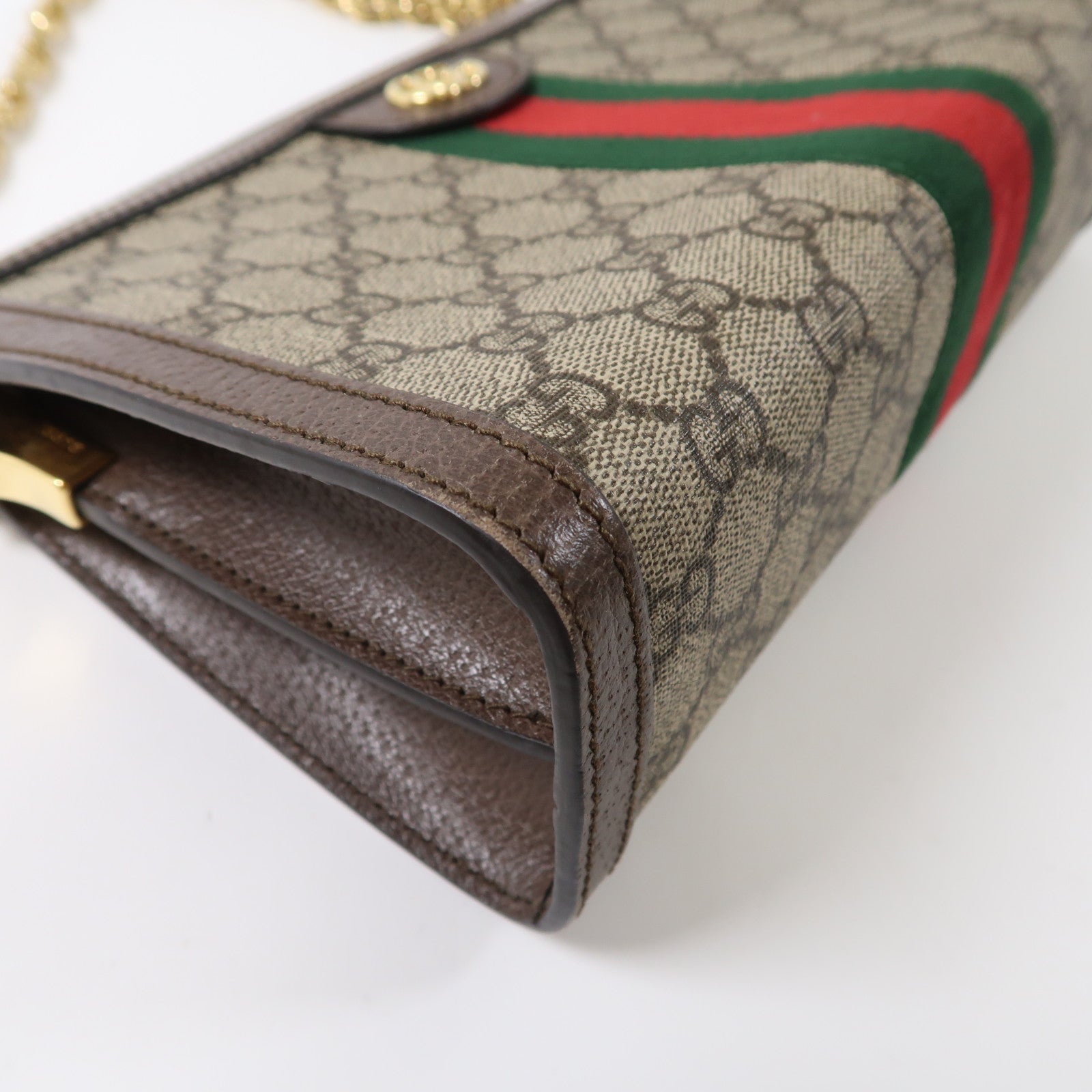 GUCCI 塗層帆布/皮革Ophidia Shoulder Bag金扣鏈帶金扣肩背袋啡色