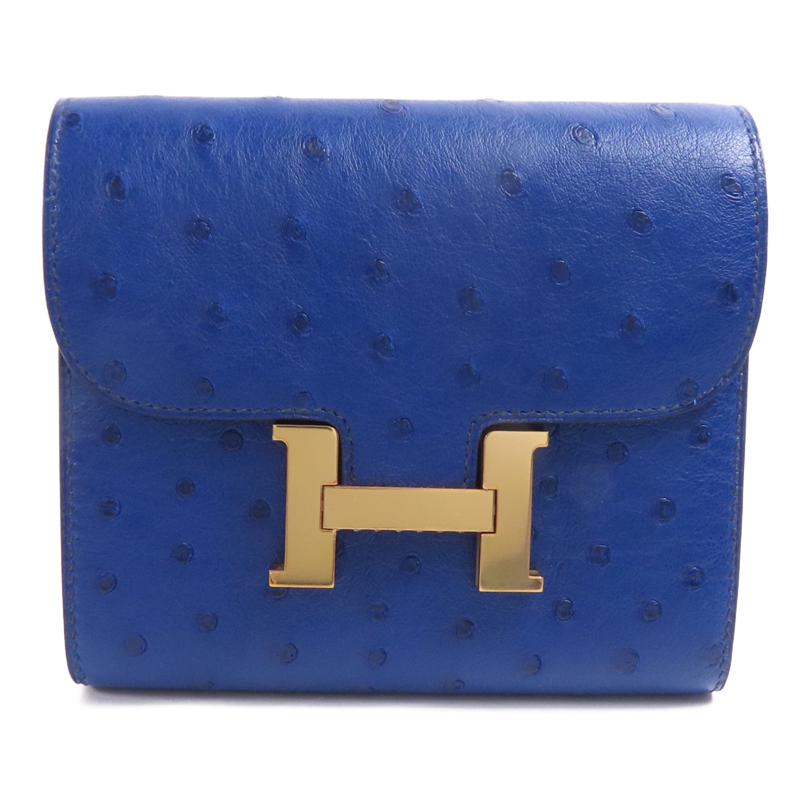 HERMES 鴕鳥皮革Constance Short Wallet金扣錢包7T Bleu Electrique