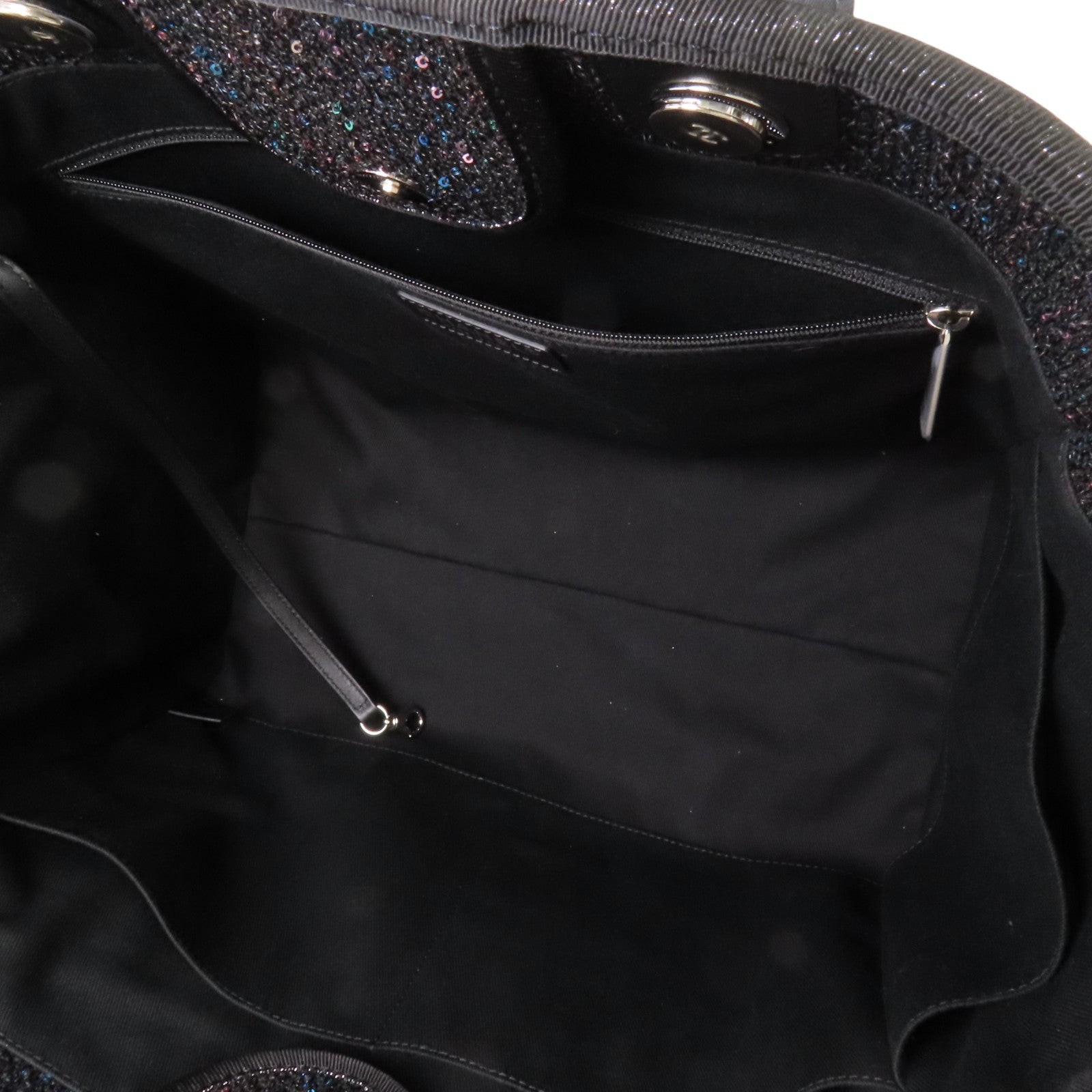 CHANEL 帆布/亮片Deauville Tote銀扣鏈帶手挽肩背兩用袋