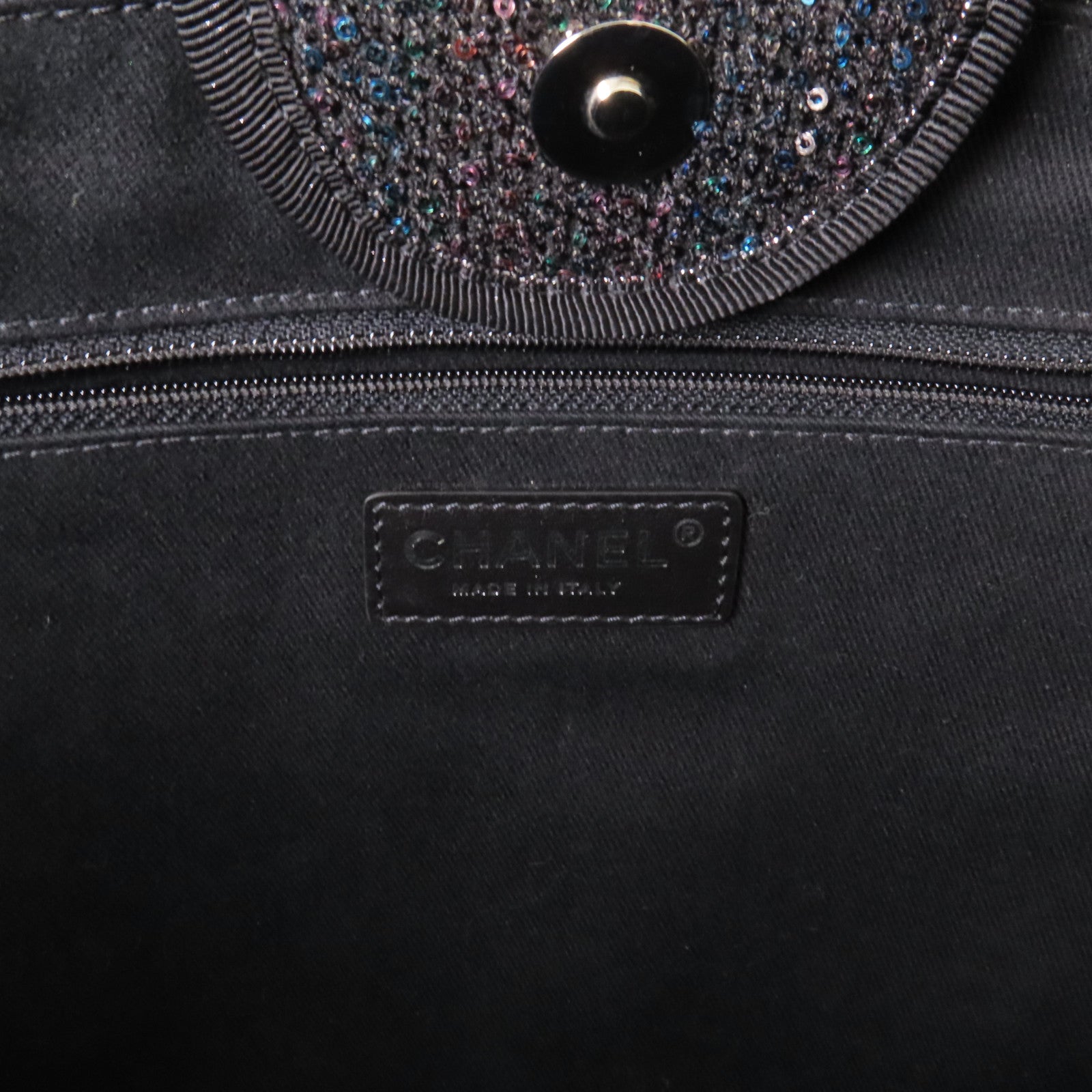 CHANEL 帆布/亮片Deauville Tote銀扣鏈帶手挽肩背兩用袋