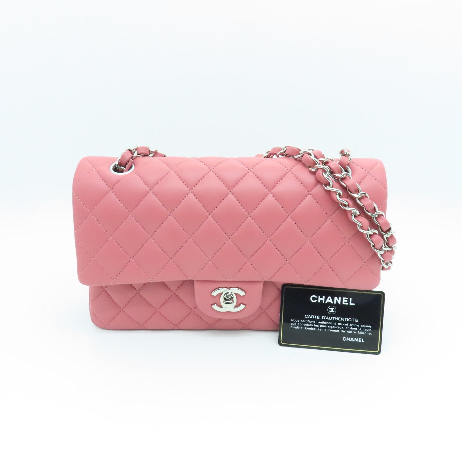 CHANEL 菱格羊皮皮革Classic Bag银扣链带肩背袋粉红色